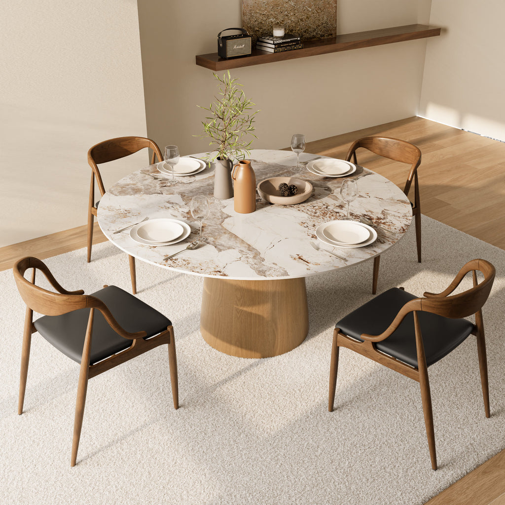 Calen Natural Oak Solid Wood Pedestal Dining Table with Pandora Stone Top - image 5