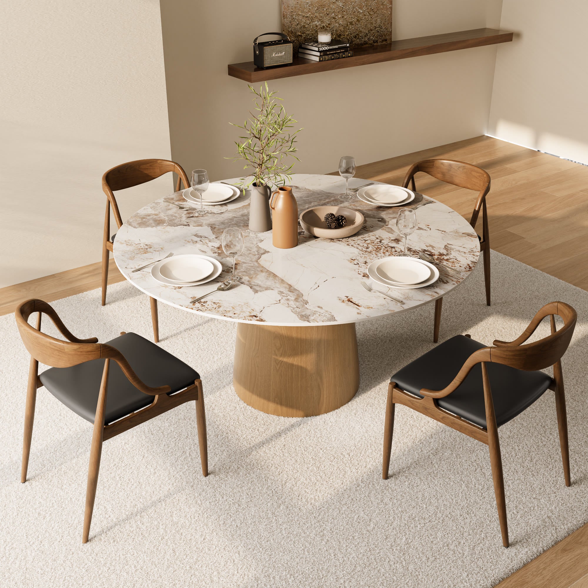 Calen Natural Oak Solid Wood Pedestal Dining Table with Pandora Stone Top - image 5