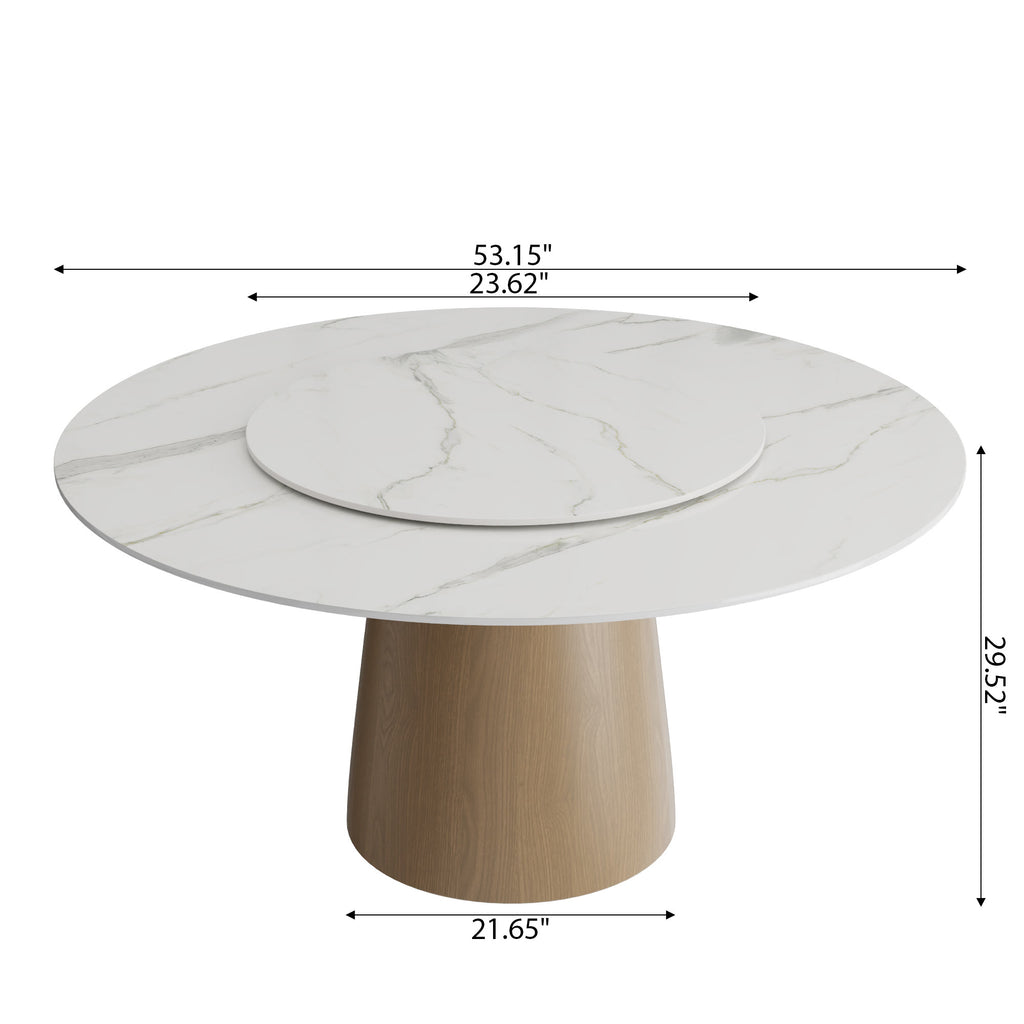 Calen Natural Oak Solid Wood Pedestal Dining Table with Snow White Stone Top and Removable Lazy Susan - image 6
