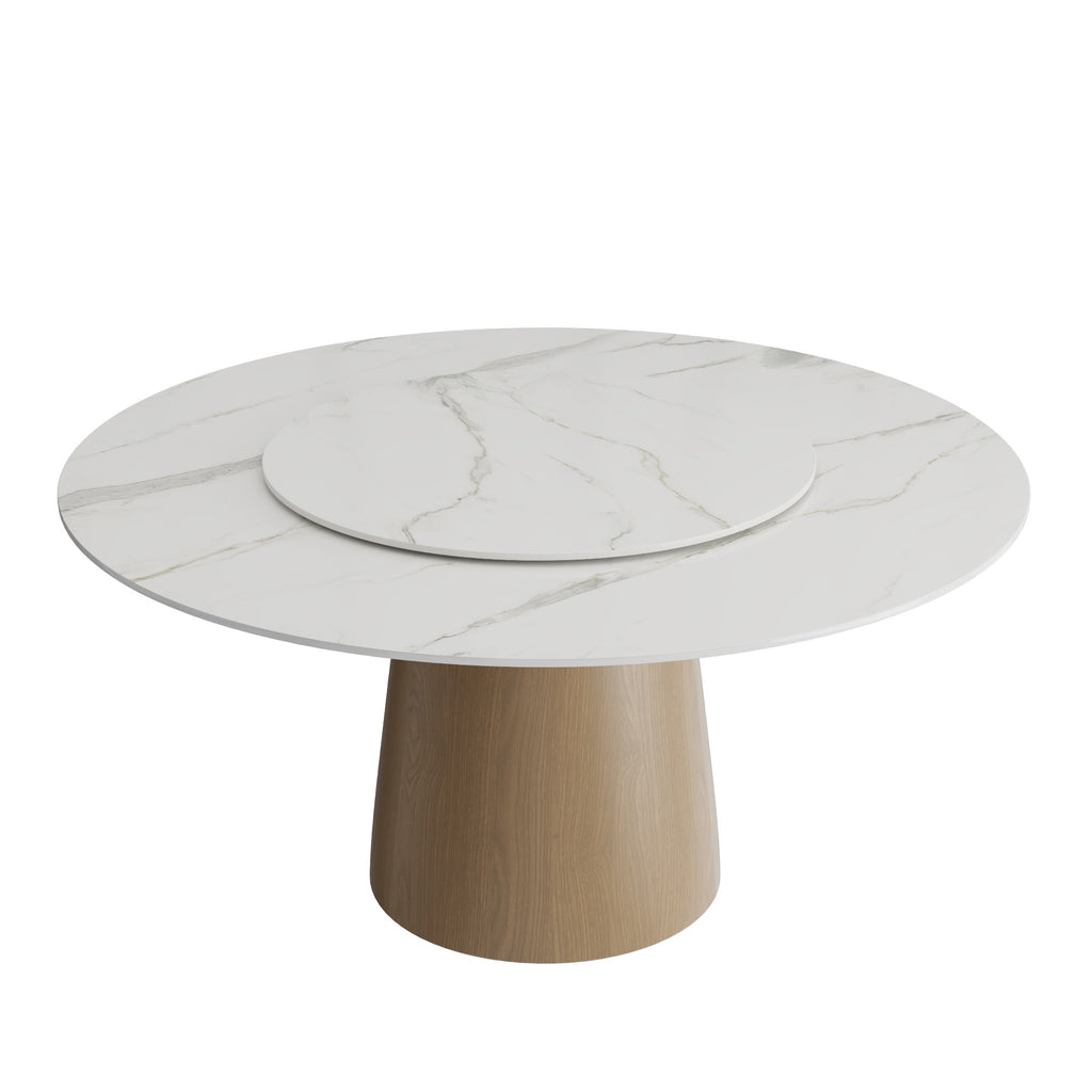 Calen Natural Oak Solid Wood Pedestal Dining Table with Snow White Stone Top and Removable Lazy Susan - image 1