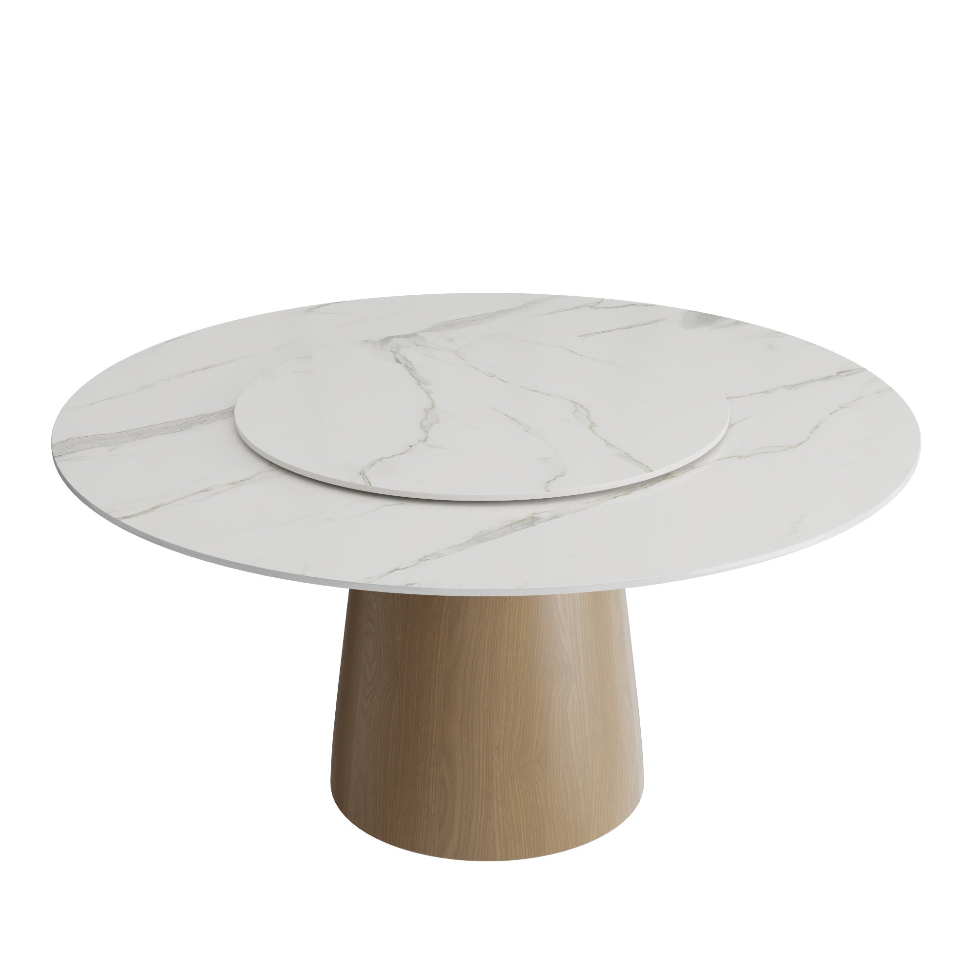 Calen Natural Oak Solid Wood Pedestal Dining Table with Snow White Stone Top and Removable Lazy Susan - image 1