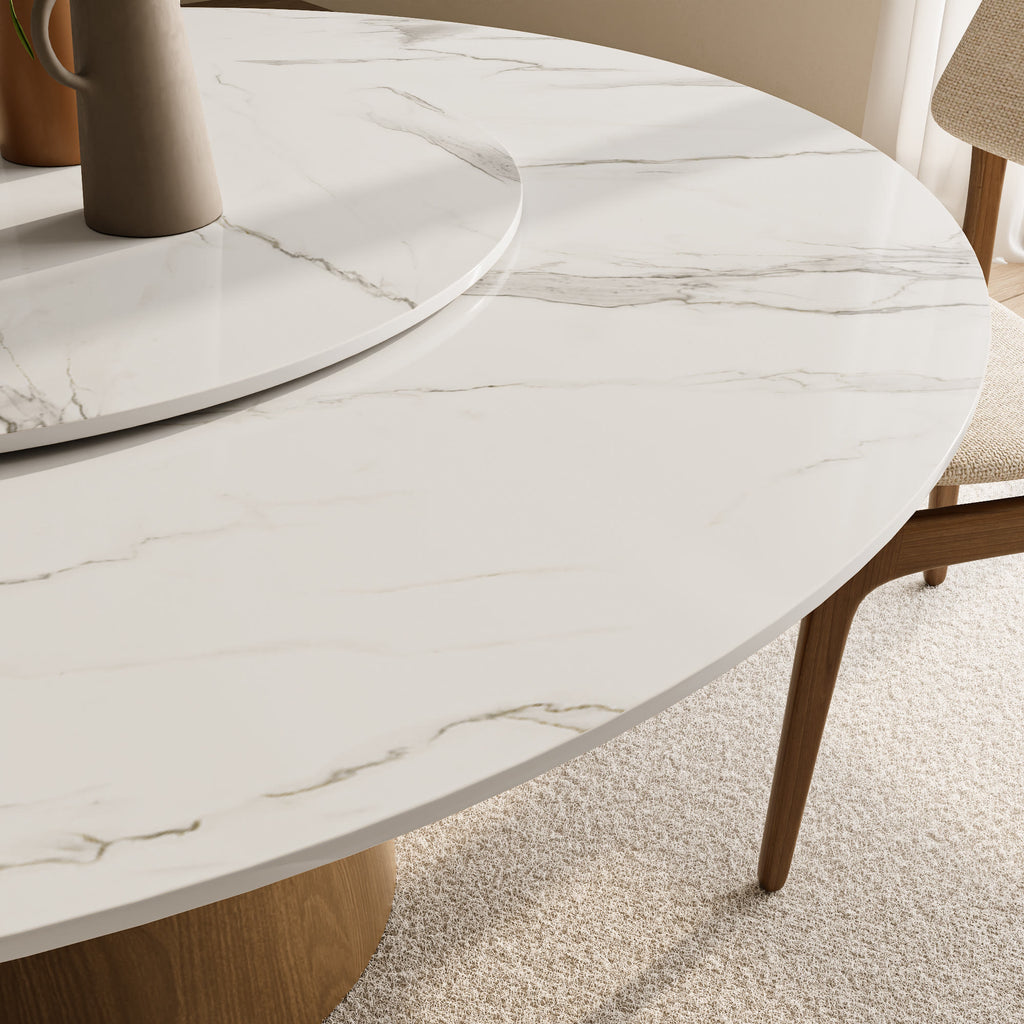 Calen Natural Oak Solid Wood Pedestal Dining Table with Snow White Stone Top and Removable Lazy Susan - image 2