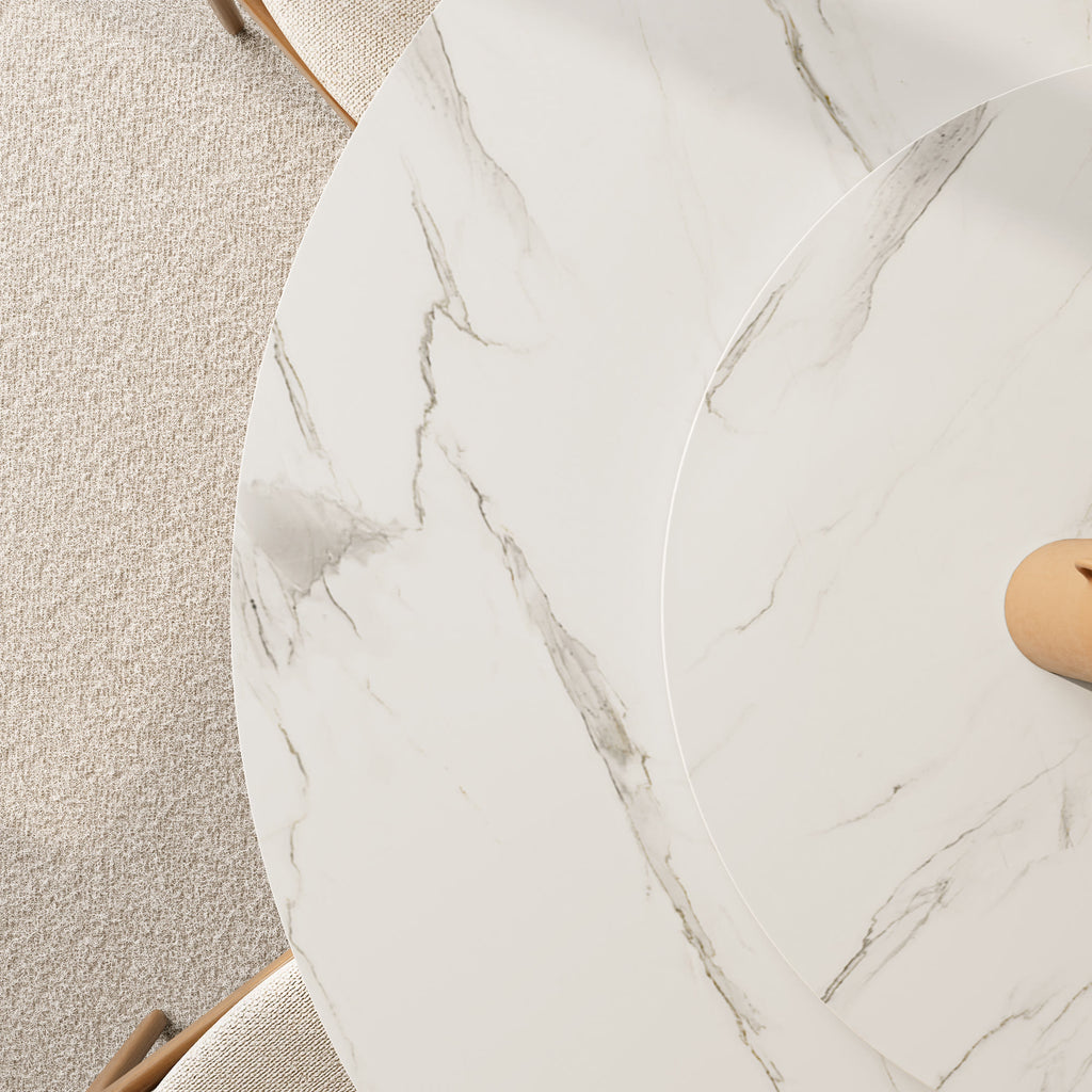 Calen Natural Oak Solid Wood Pedestal Dining Table with Snow White Stone Top and Removable Lazy Susan - image 8