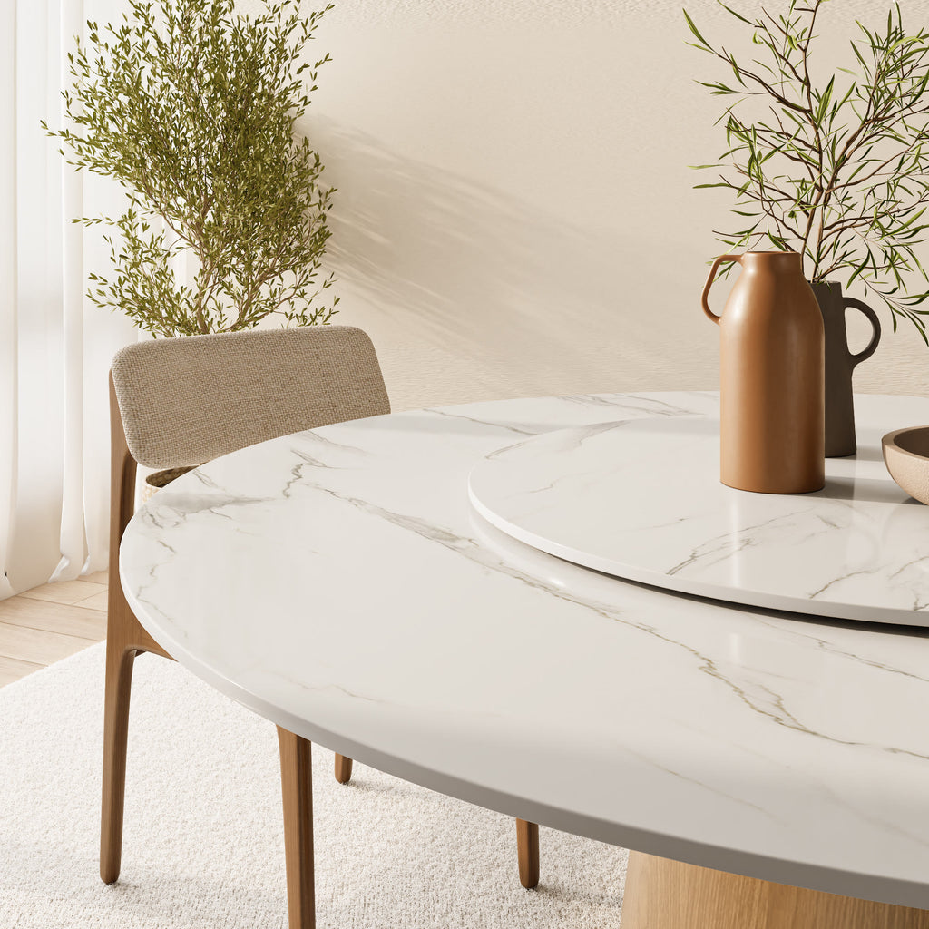 Calen Natural Oak Solid Wood Pedestal Dining Table with Snow White Stone Top and Removable Lazy Susan - image 3