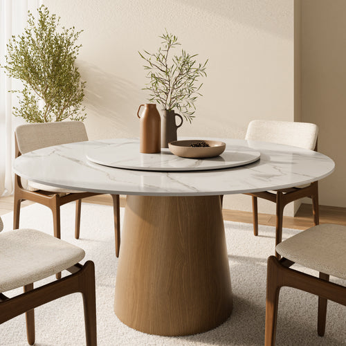Calen Natural Solid Wood Pedestal Round Dining Table With Lazy Susan - Snowy White - 59" Table - image 0