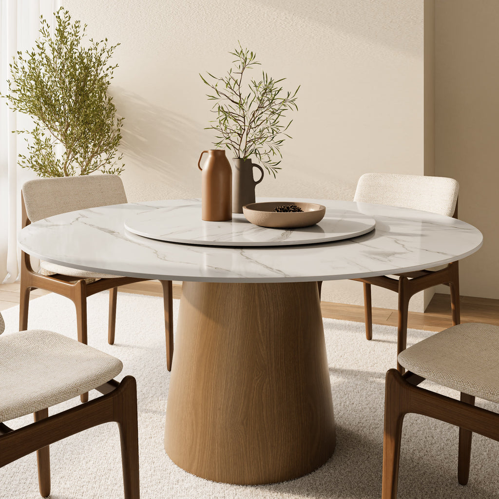 Calen Natural Oak Solid Wood Pedestal Dining Table with Snow White Stone Top and Removable Lazy Susan - 59.05'' W X 59.05'' D X 29.53'' H - image 0