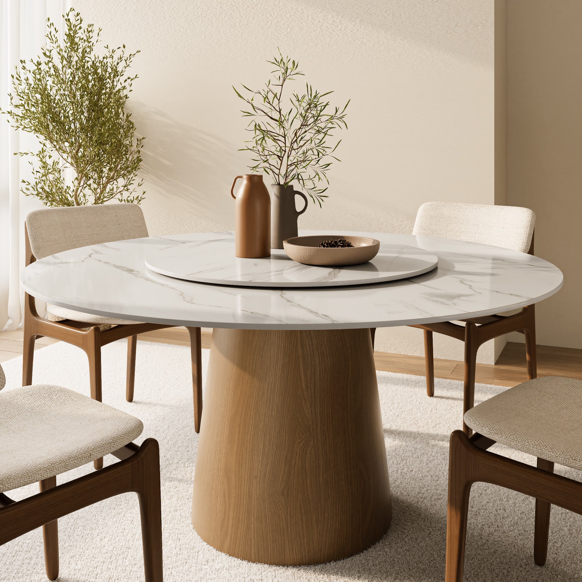Calen Natural Oak Solid Wood Pedestal Dining Table with Snow White Stone Top and Removable Lazy Susan - 59.05'' W X 59.05'' D X 29.53'' H - image 0