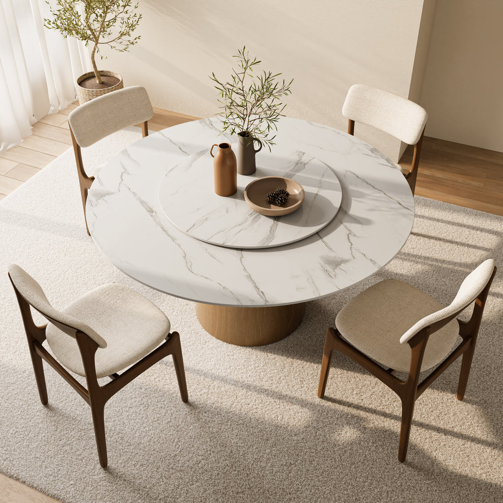 Calen Natural Oak Solid Wood Pedestal Dining Table with Snow White Stone Top and Removable Lazy Susan - image 5