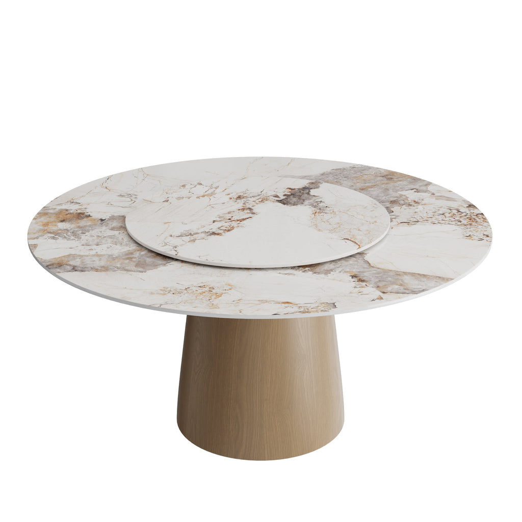 Calen Natural Oak Solid Wood Pedestal Dining Table with Pandora Stone Top and Removable Lazy Susan - image 1