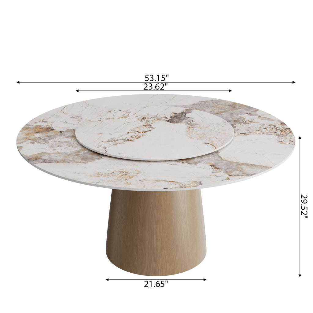 Calen Natural Oak Solid Wood Pedestal Dining Table with Pandora Stone Top and Removable Lazy Susan - image 6
