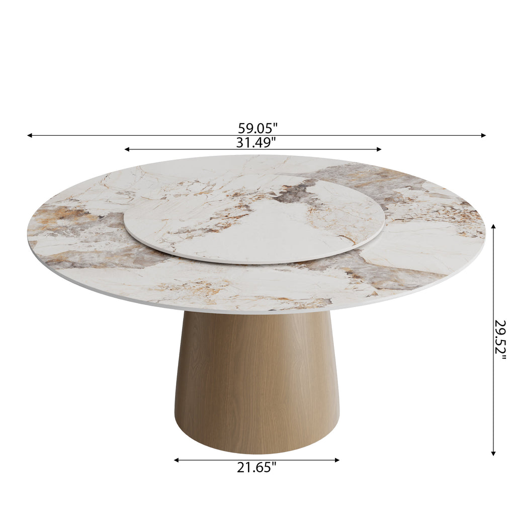 Calen Natural Oak Solid Wood Pedestal Dining Table with Pandora Stone Top and Removable Lazy Susan - image 7