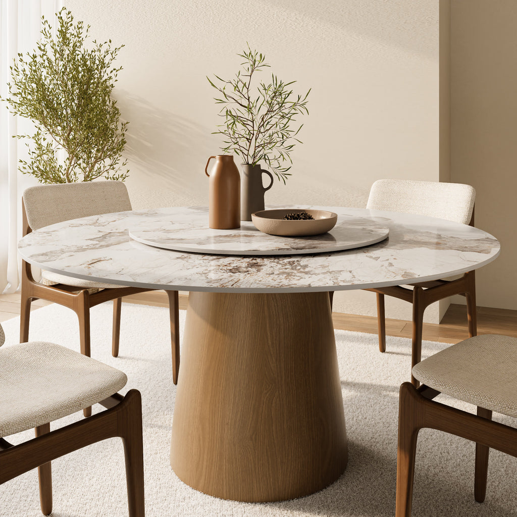 Calen Natural Oak Solid Wood Pedestal Dining Table with Pandora Stone Top and Removable Lazy Susan - 59.05'' W X 59.05'' D X 29.53'' H - image 0
