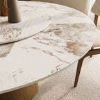 Calen Natural Oak Solid Wood Pedestal Dining Table with Pandora Stone Top and Removable Lazy Susan - image 2