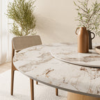 Calen Natural Oak Solid Wood Pedestal Dining Table with Pandora Stone Top and Removable Lazy Susan - image 3