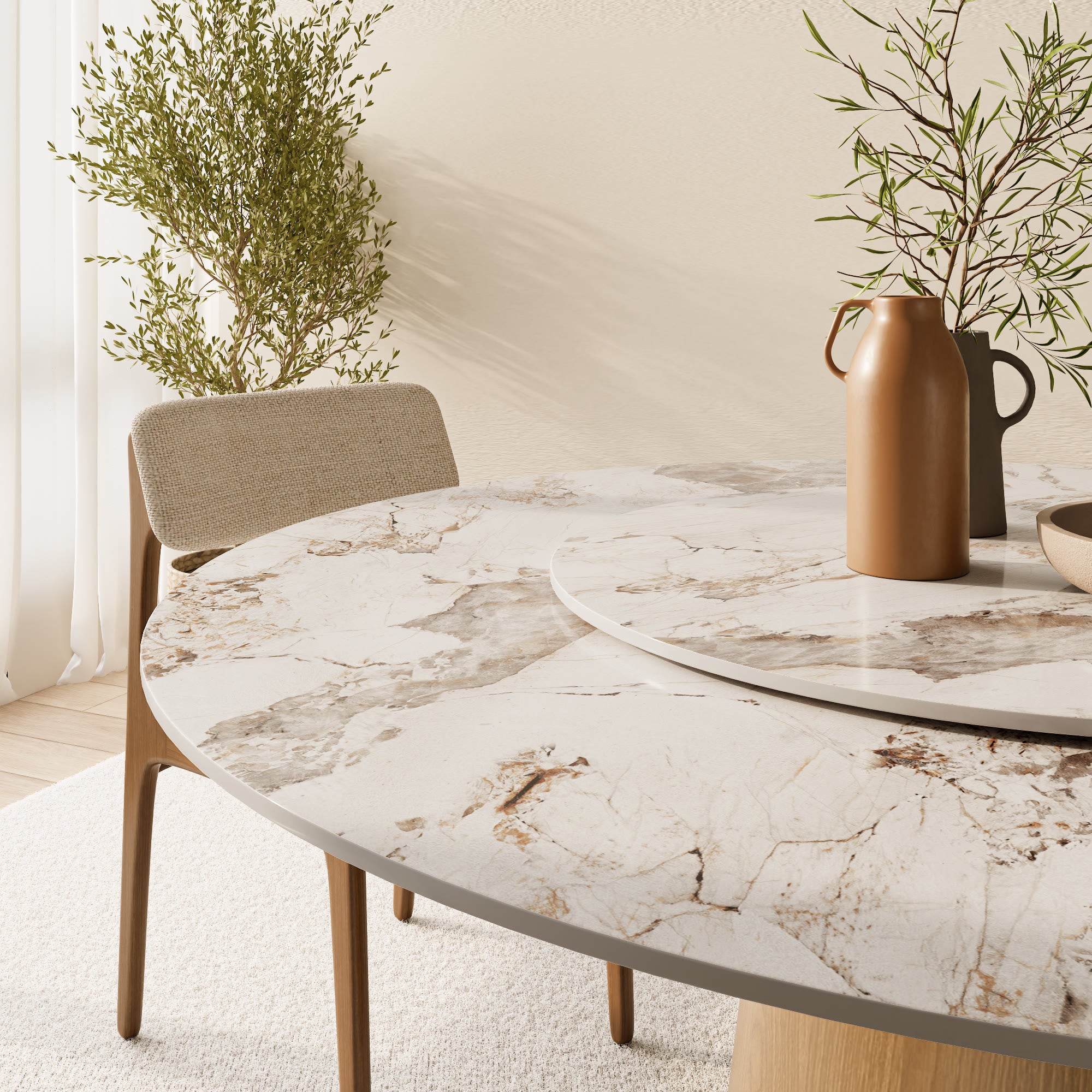 Calen Natural Oak Solid Wood Pedestal Dining Table with Pandora Stone Top and Removable Lazy Susan - image 3