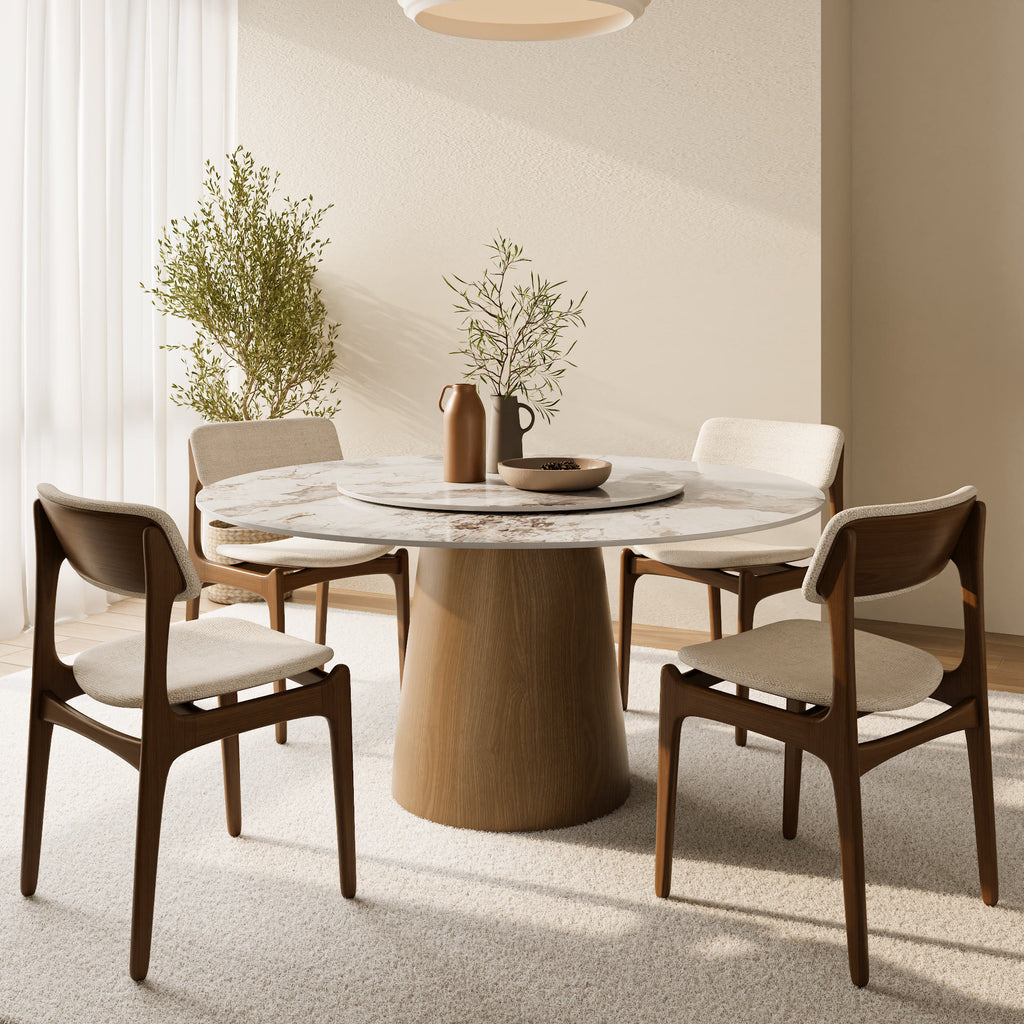 Calen Natural Oak Solid Wood Pedestal Dining Table with Pandora Stone Top and Removable Lazy Susan - image 4