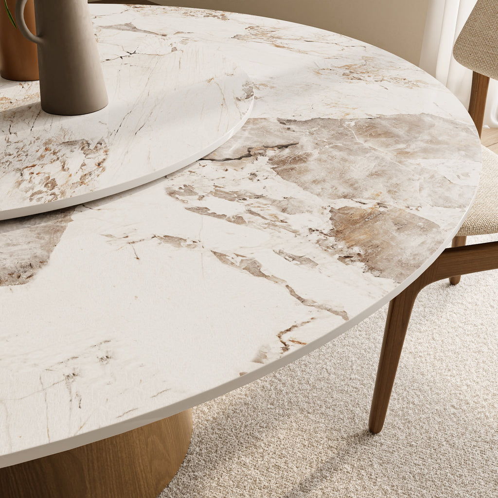 Calen Natural Oak Solid Wood Pedestal Dining Table with Pandora Stone Top and Removable Lazy Susan - image 2