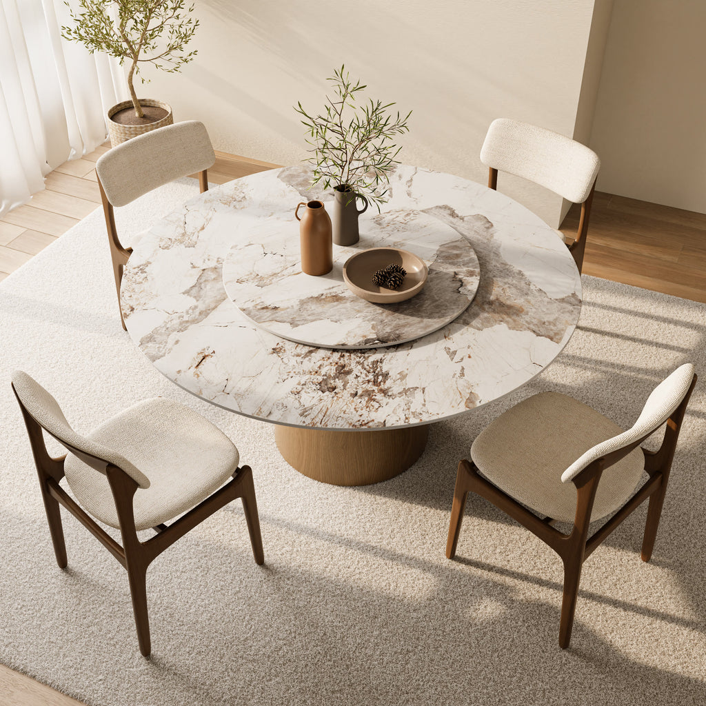 Calen Natural Oak Solid Wood Pedestal Dining Table with Pandora Stone Top and Removable Lazy Susan - image 5