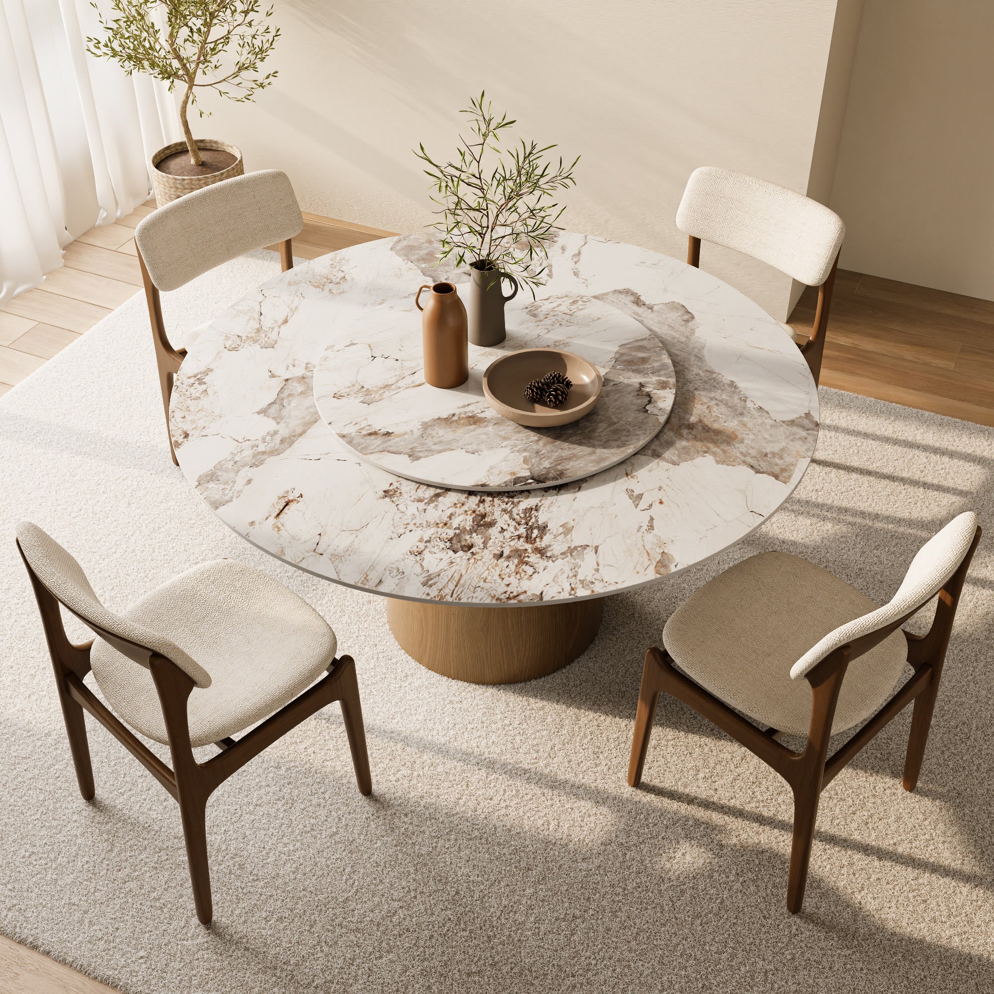 Calen Natural Oak Solid Wood Pedestal Dining Table with Pandora Stone Top and Removable Lazy Susan - image 5