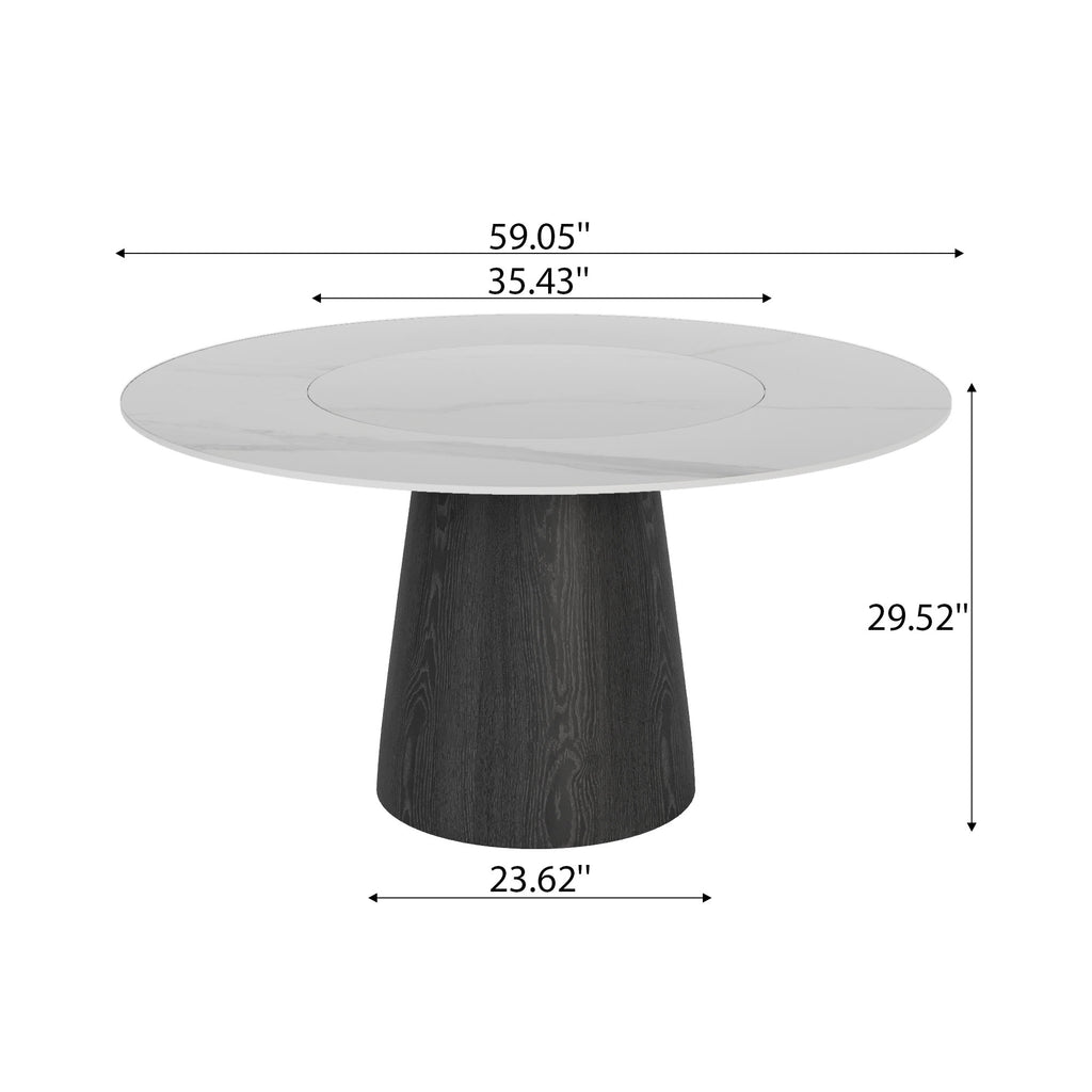 Calen Black Solid Wood Pedestal Dining Table with Snow White Stone Top and Built-In Lazy Susan - image 7