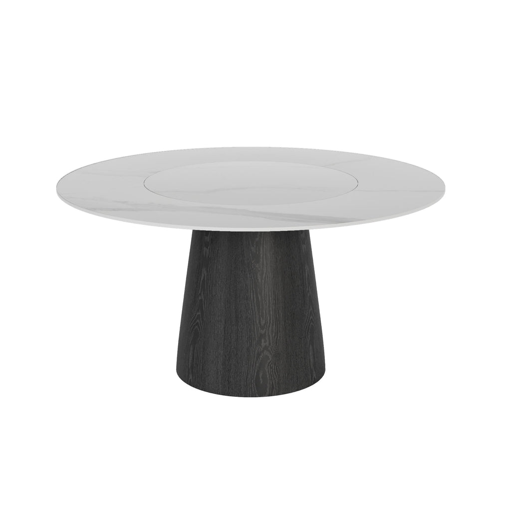 Calen Black Solid Wood Pedestal Dining Table with Snow White Stone Top and Built-In Lazy Susan - image 1