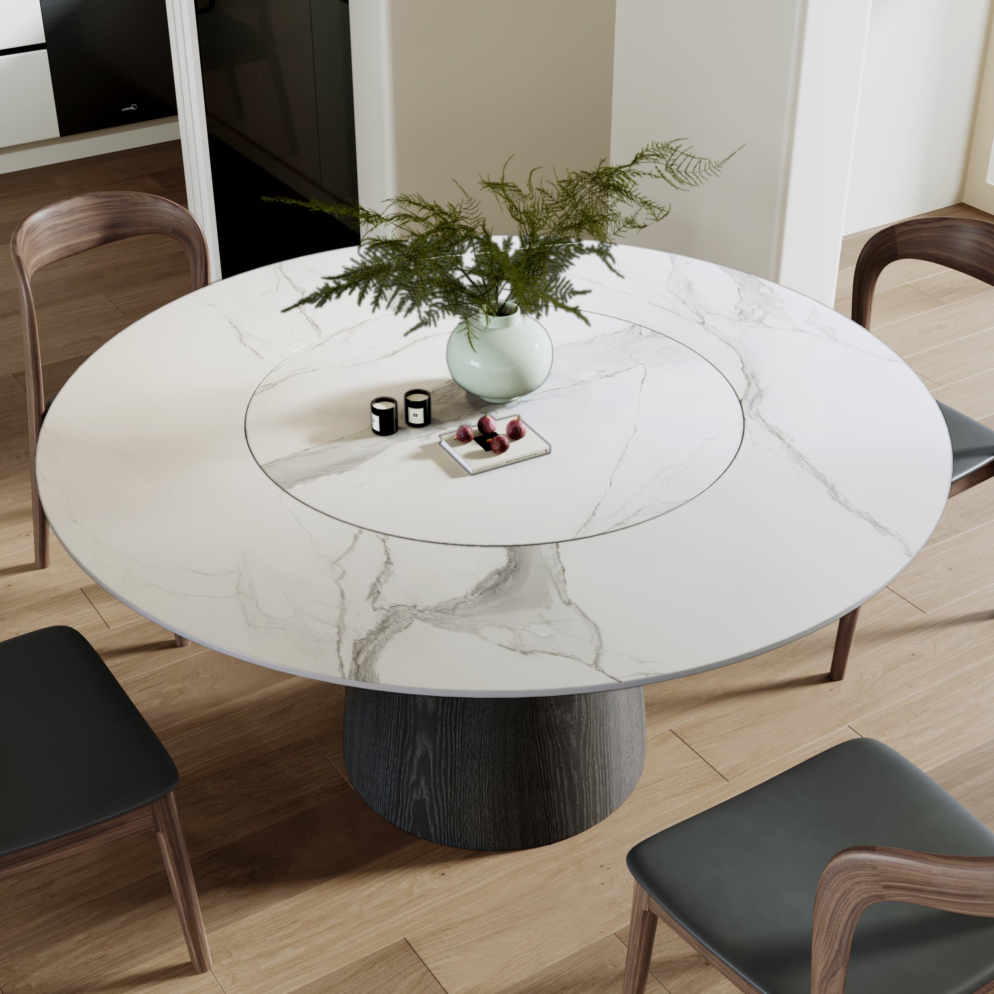 Calen Black Solid Wood Pedestal Dining Table with Snow White Stone Top and Built-In Lazy Susan - image 3
