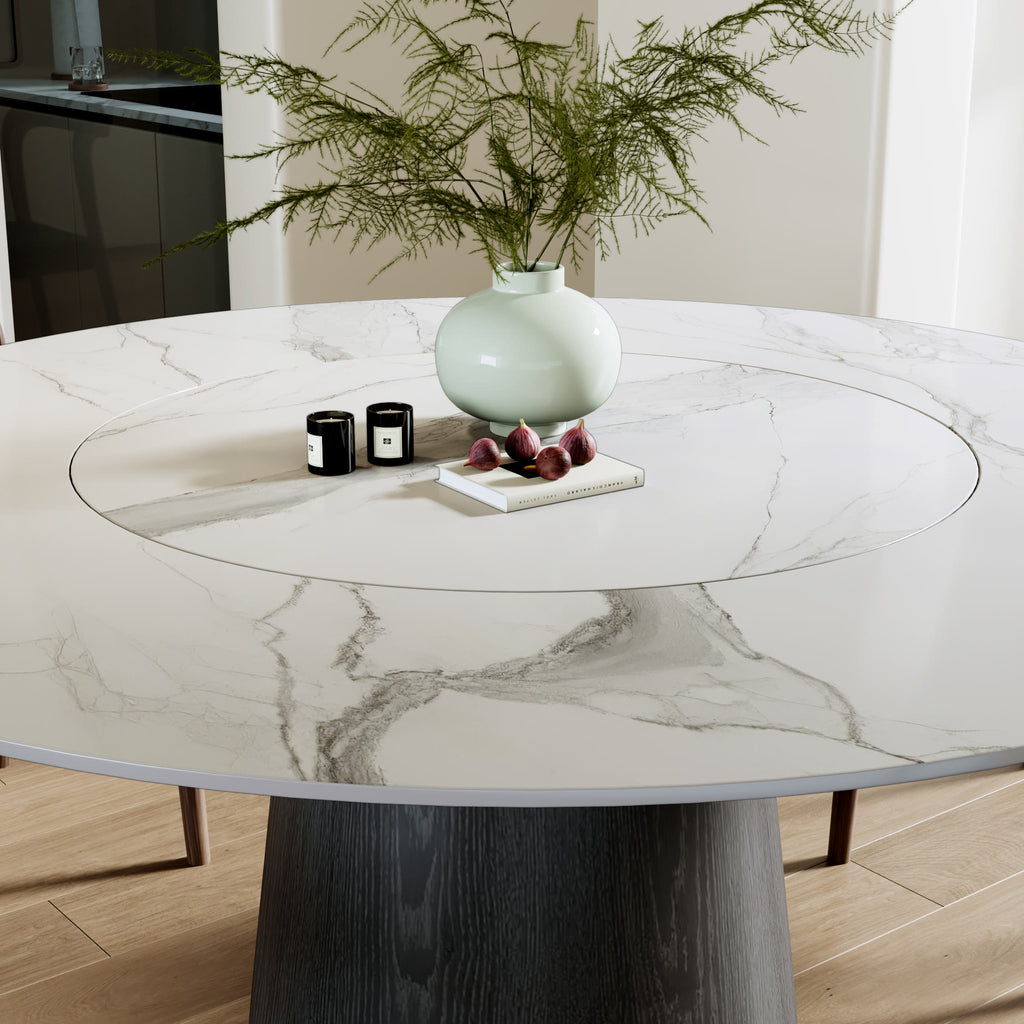 Calen Black Solid Wood Pedestal Dining Table with Snow White Stone Top and Built-In Lazy Susan - image 4