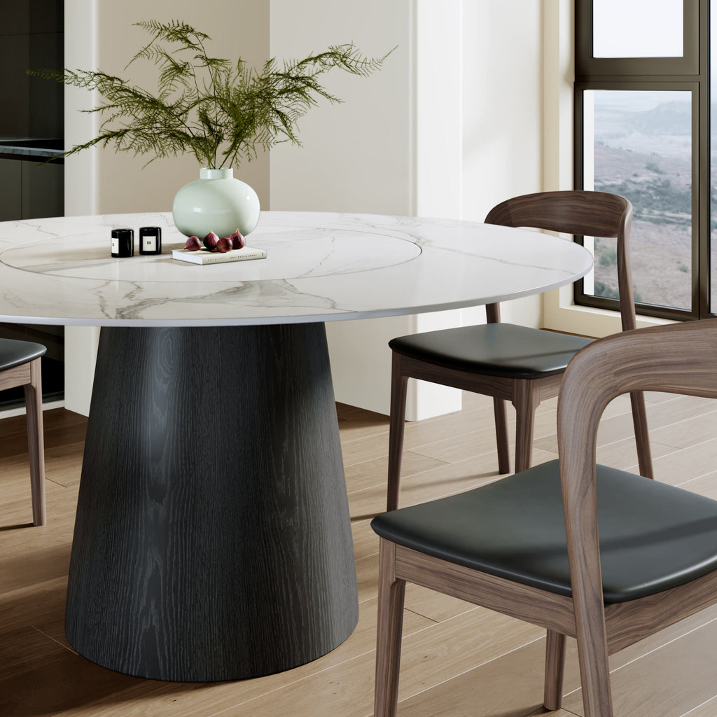 Calen Black Solid Wood Pedestal Dining Table with Snow White Stone Top and Built-In Lazy Susan - image 2