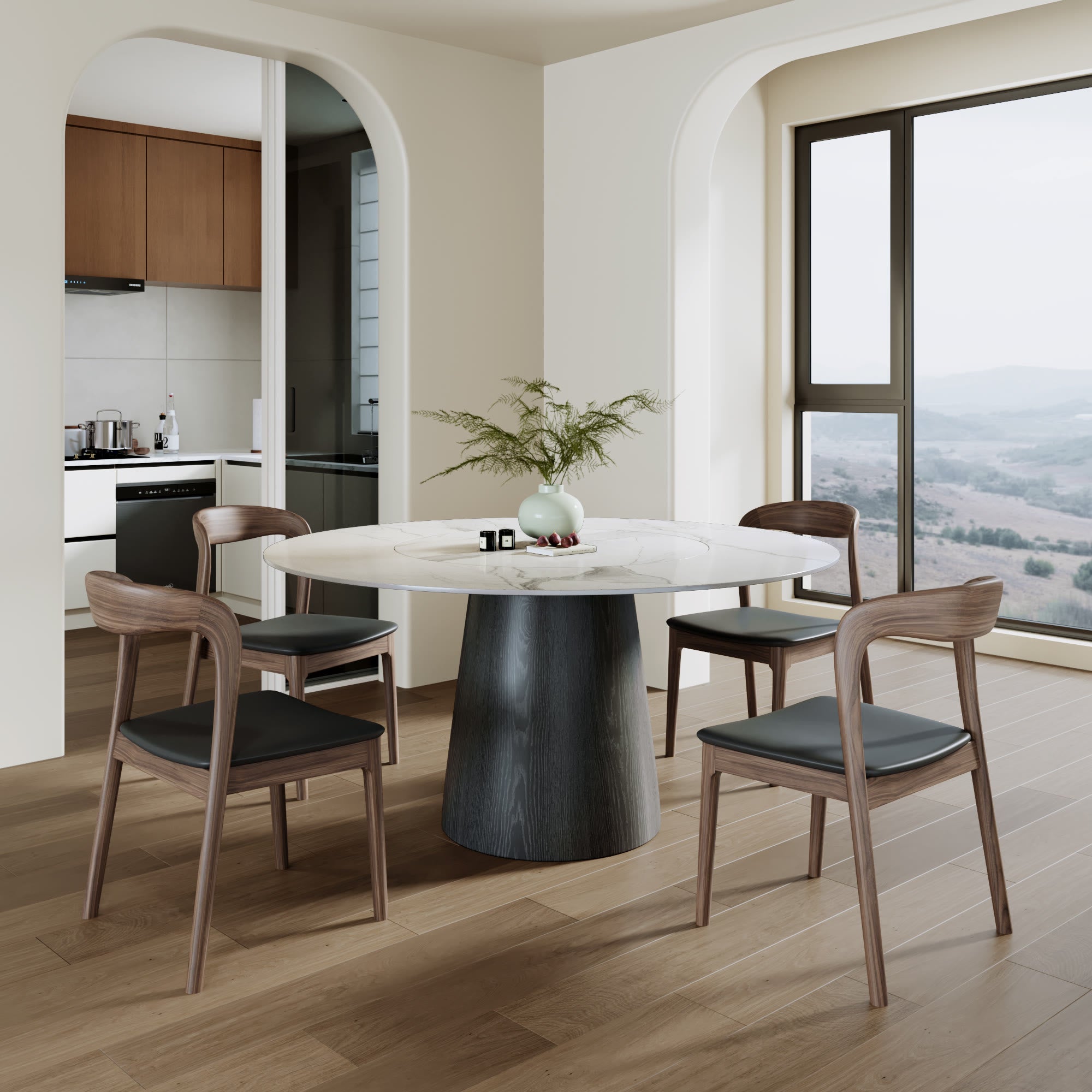 Calen Black Solid Wood Pedestal Dining Table with Snow White Stone Top and Built-In Lazy Susan - image 5