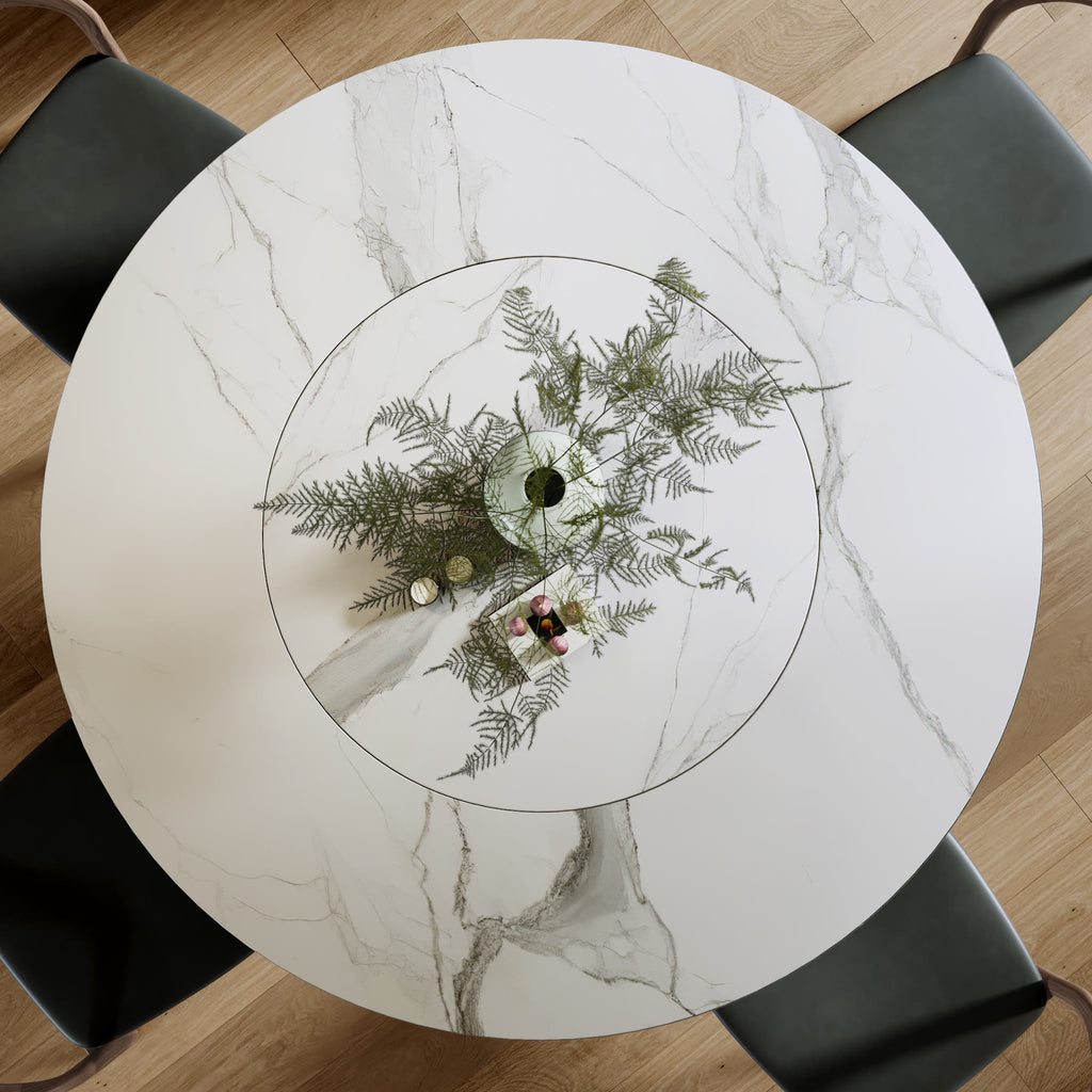 Calen Black Solid Wood Pedestal Dining Table with Snow White Stone Top and Built-In Lazy Susan - image 8