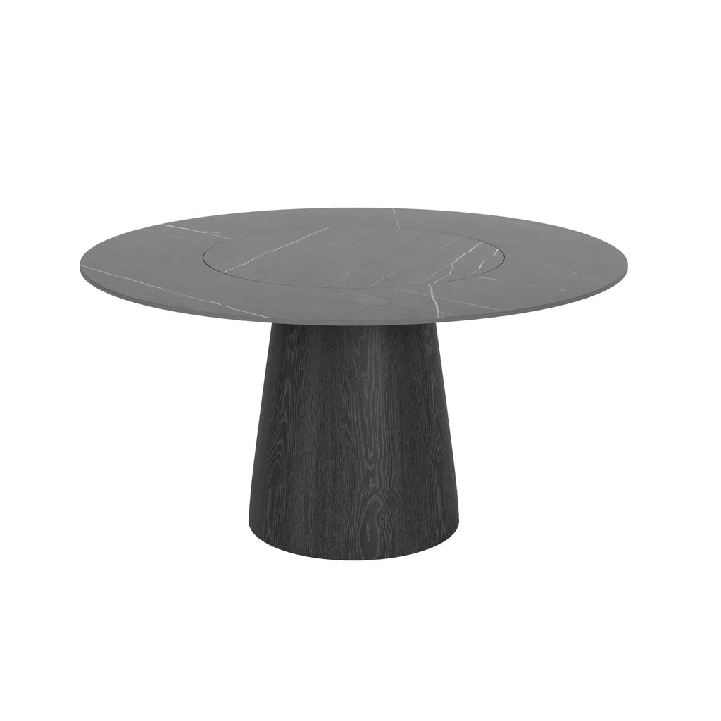 Calen Black Solid Wood Pedestal Dining Table with Gray Stone Top and Built-In Lazy Susan - image 1