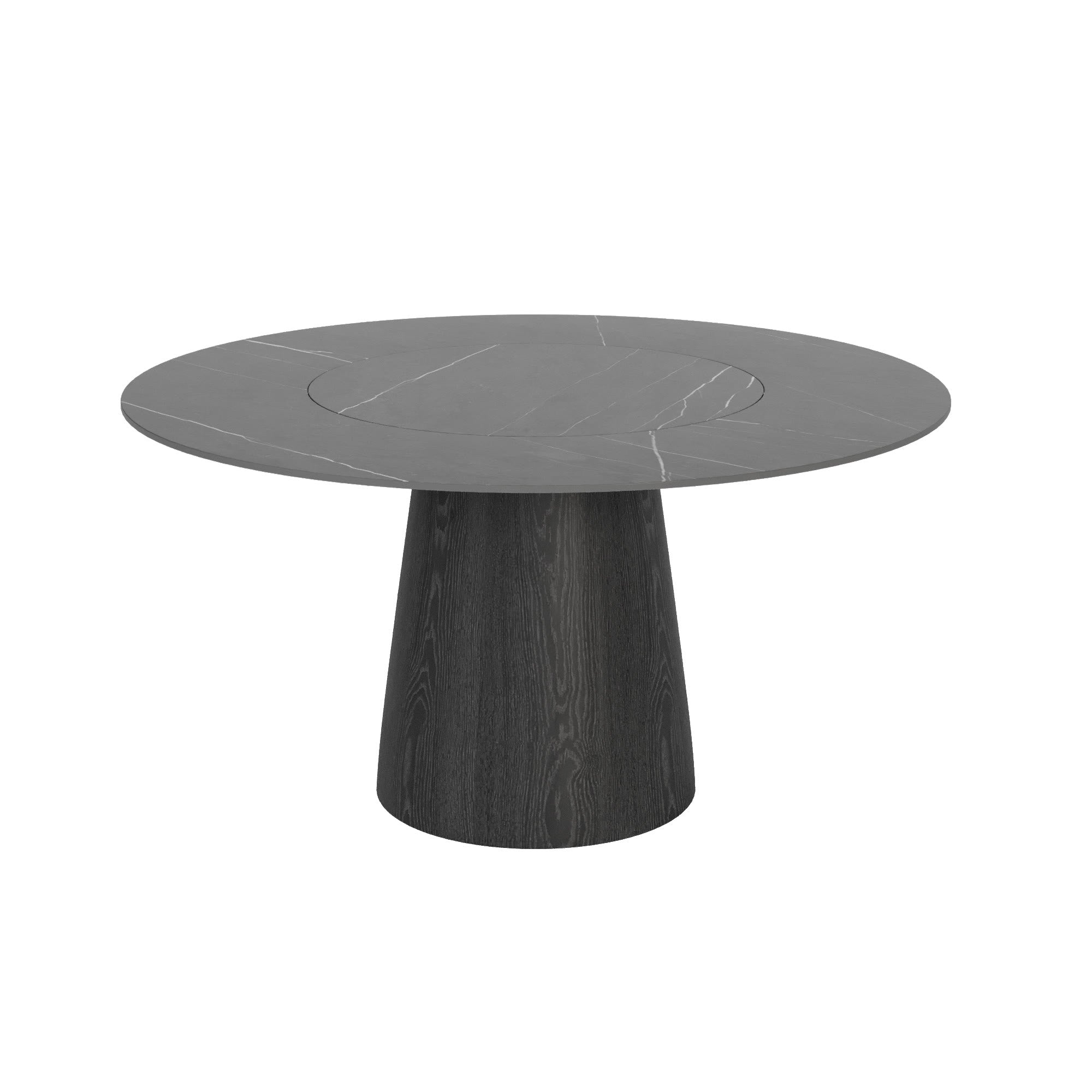 Calen Black Solid Wood Pedestal Dining Table with Gray Stone Top and Built-In Lazy Susan - image 1