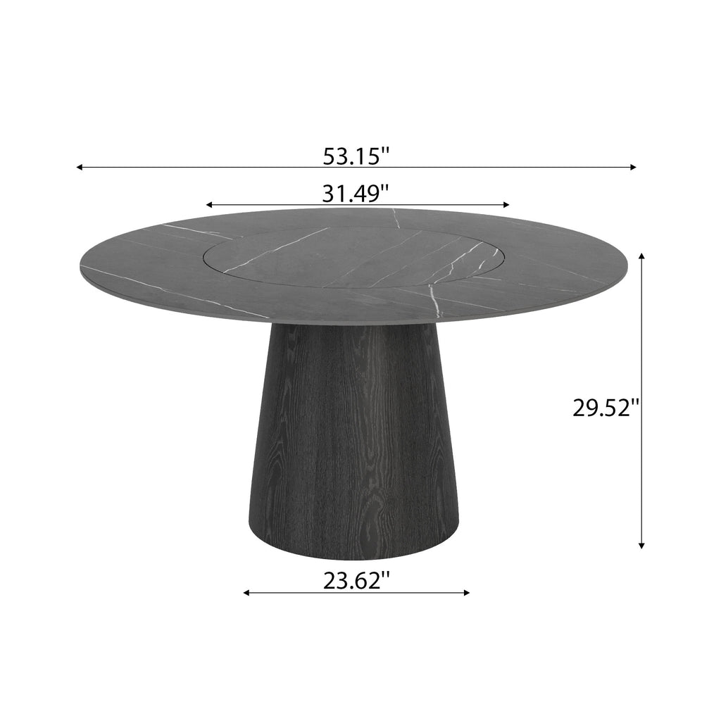 Calen Black Solid Wood Pedestal Dining Table with Gray Stone Top and Built-In Lazy Susan - image 6