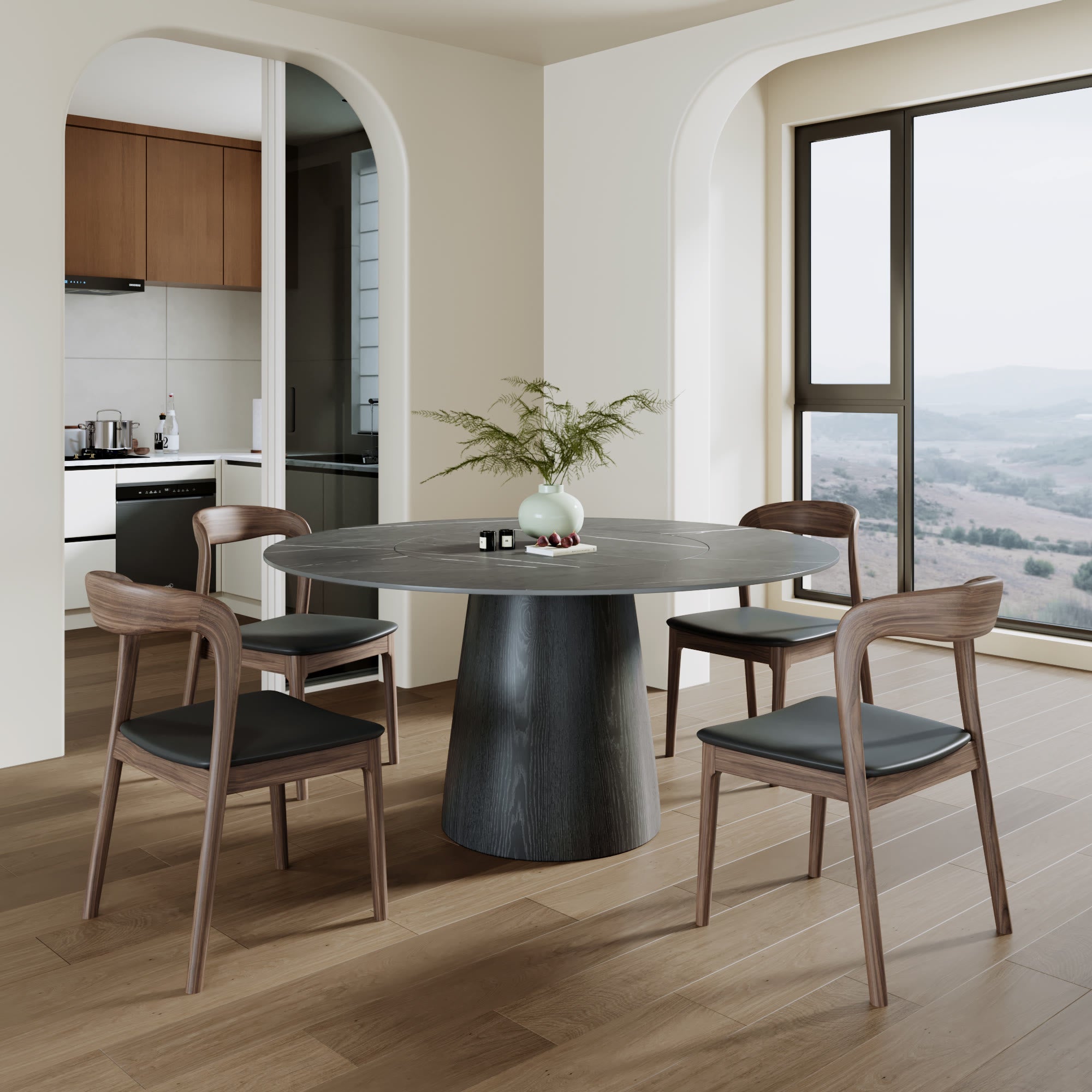 Calen Black Solid Wood Pedestal Dining Table with Gray Stone Top and Built-In Lazy Susan - image 5