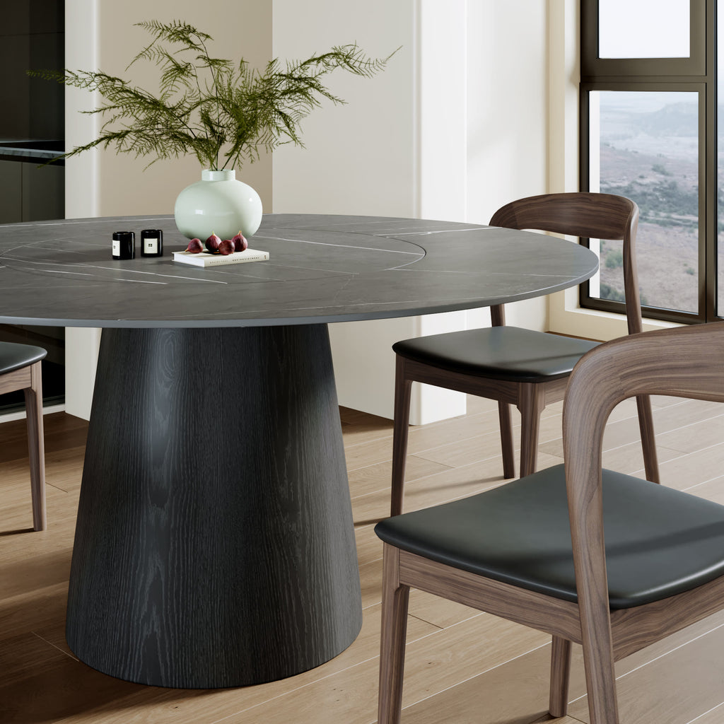 Calen Black Solid Wood Pedestal Dining Table with Gray Stone Top and Built-In Lazy Susan - image 3