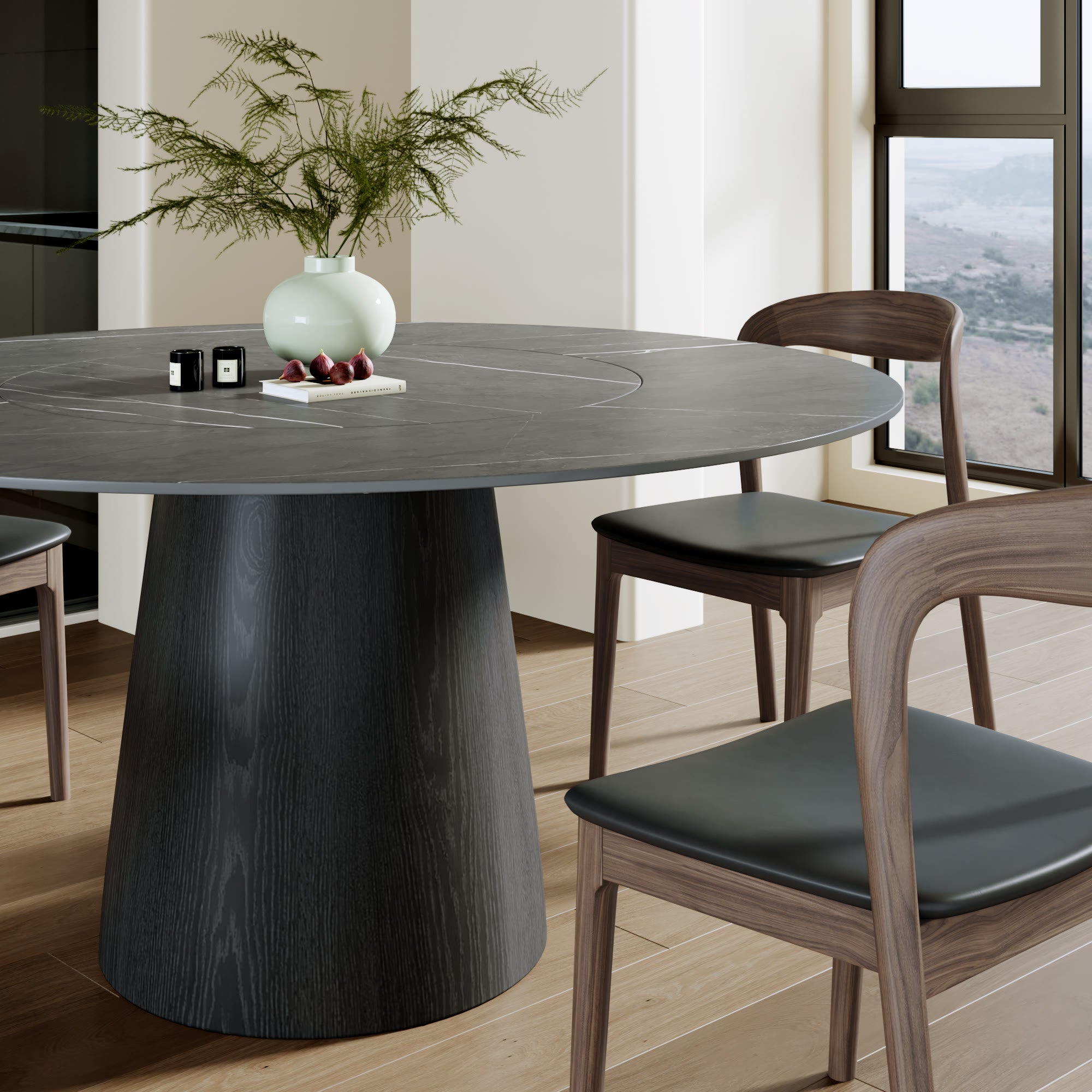 Calen Black Solid Wood Pedestal Dining Table with Gray Stone Top and Built-In Lazy Susan - image 3