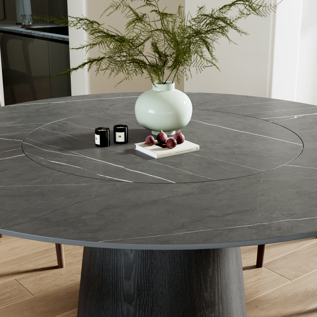 Calen Black Solid Wood Pedestal Dining Table with Gray Stone Top and Built-In Lazy Susan - image 2