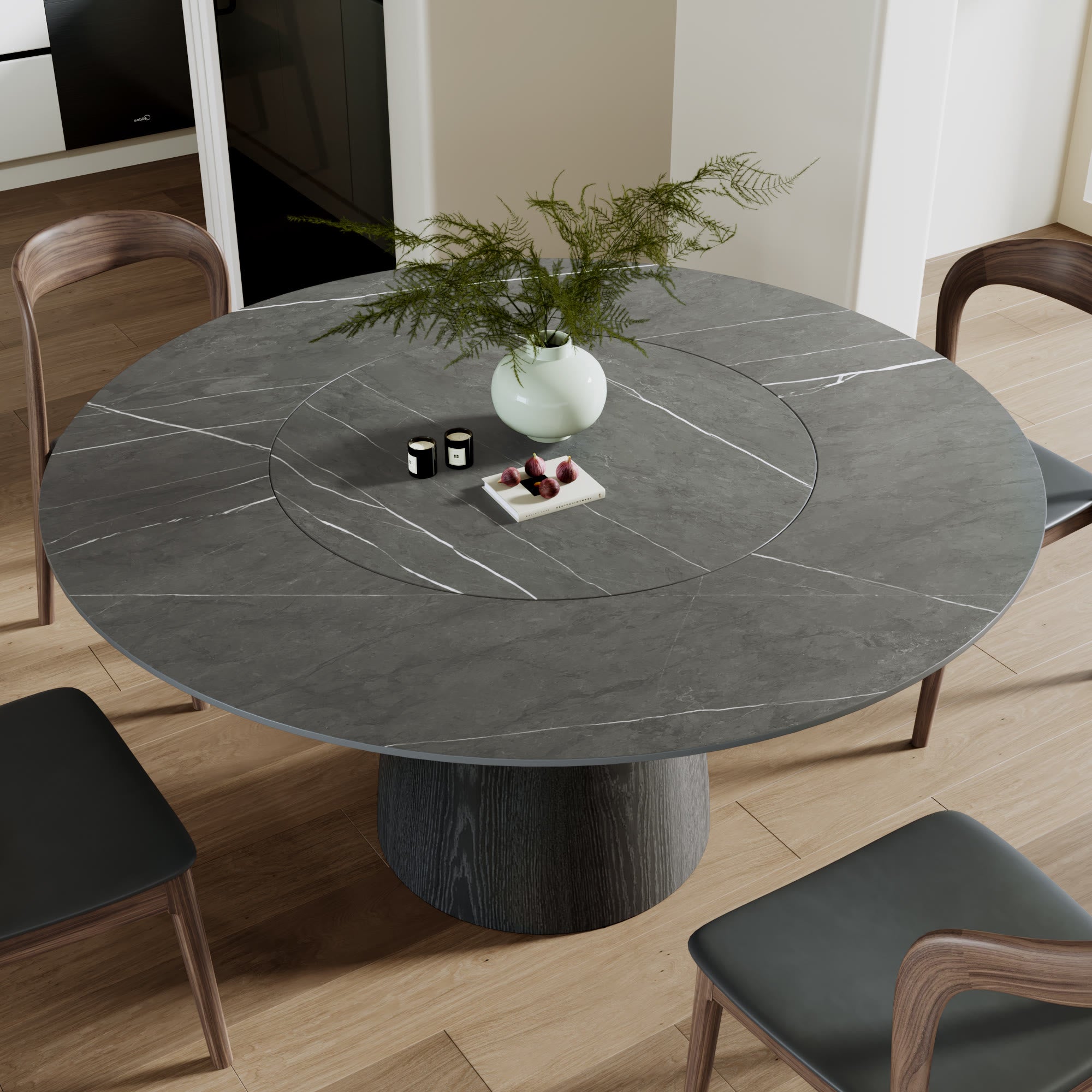 Calen Black Solid Wood Pedestal Dining Table with Gray Stone Top and Built-In Lazy Susan - image 4