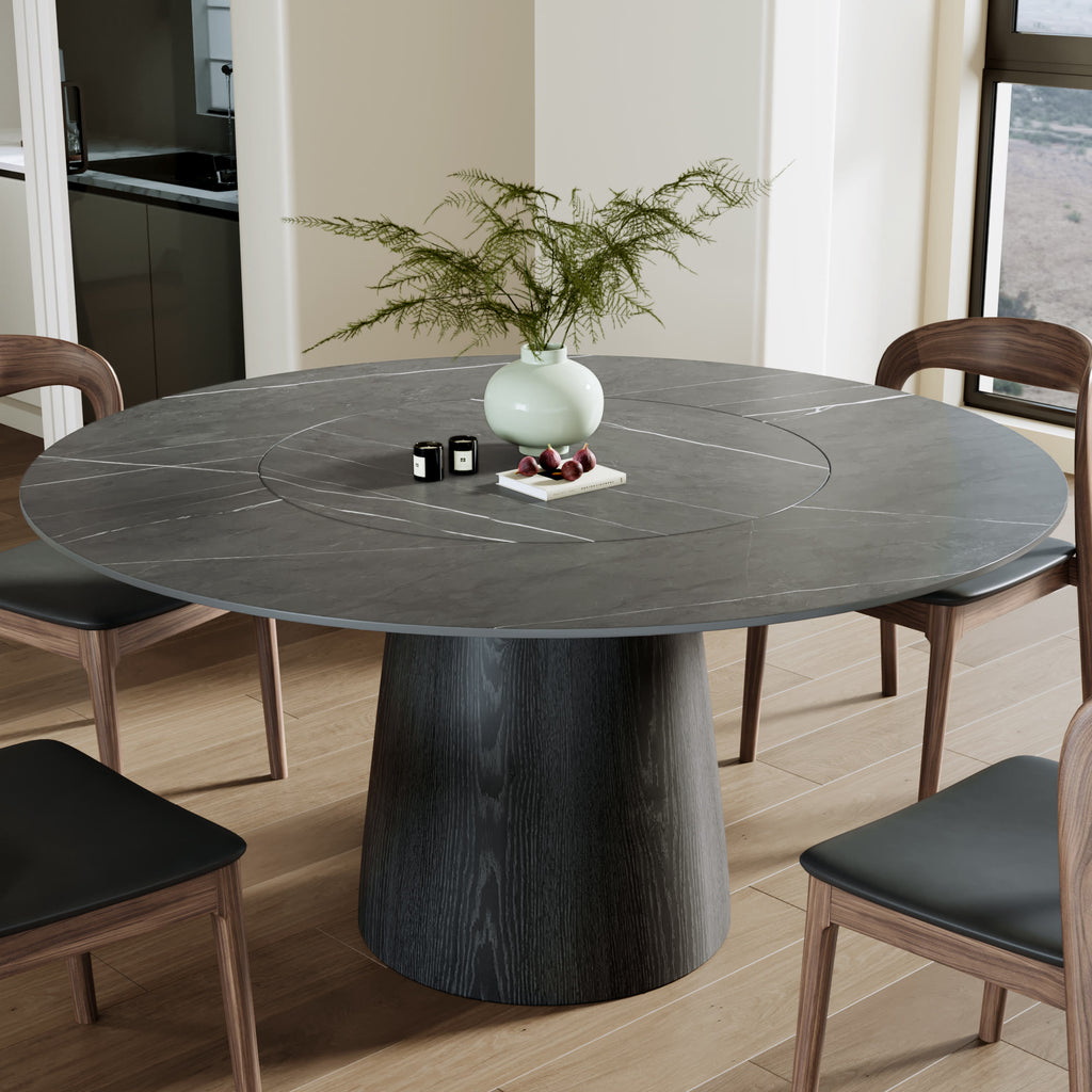 Calen Black Solid Wood Pedestal Dining Table with Gray Stone Top and Built-In Lazy Susan - 59.05'' W X 59.05'' D X 29.53'' H - image 0