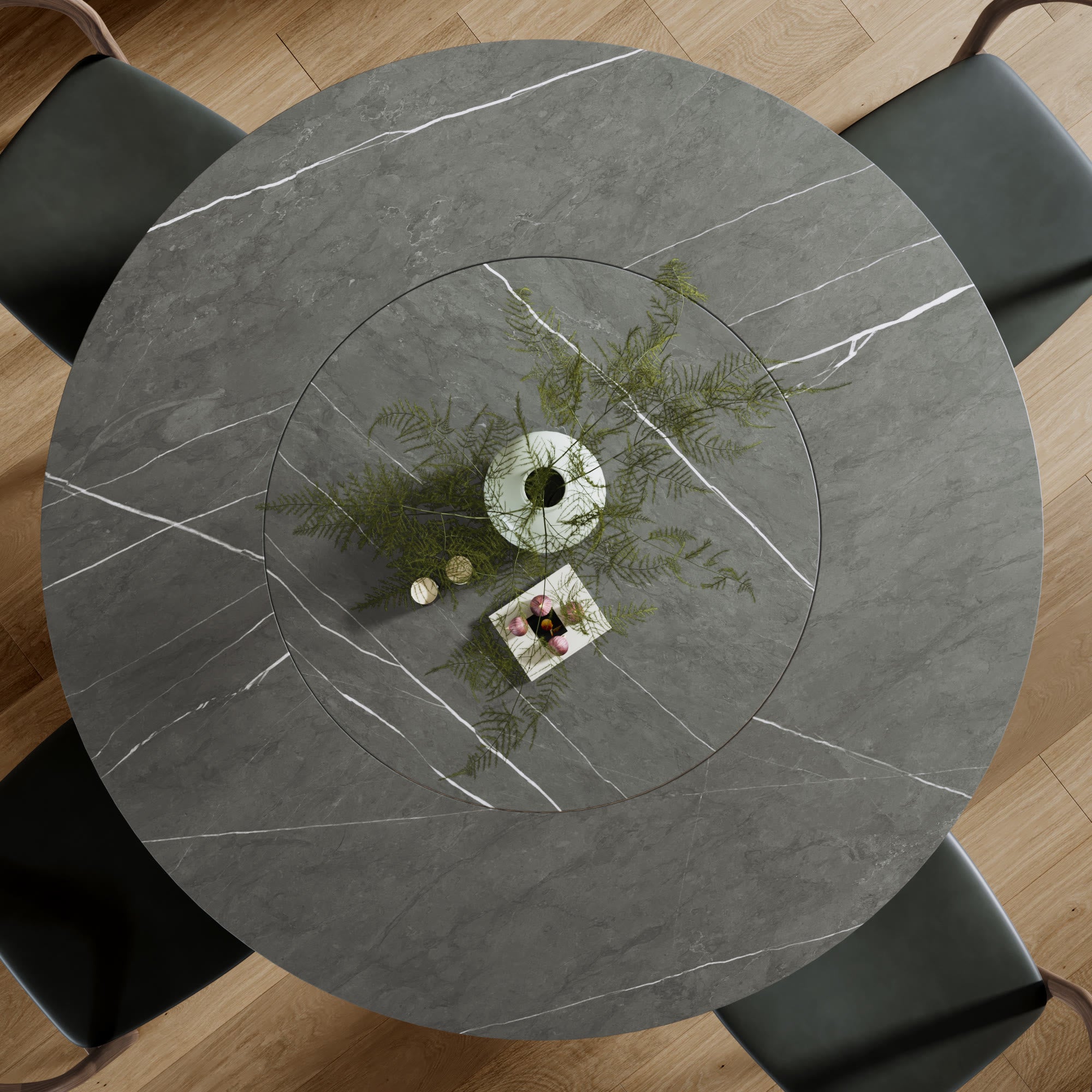 Calen Black Solid Wood Pedestal Dining Table with Gray Stone Top and Built-In Lazy Susan - image 8