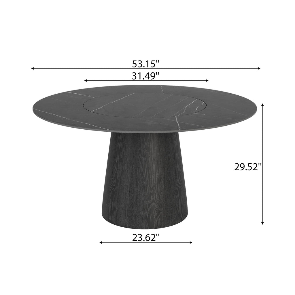 Calen Black Solid Wood Pedestal Dining Table with Madrid Gray Stone Top and Built-In Lazy Susan - image 6