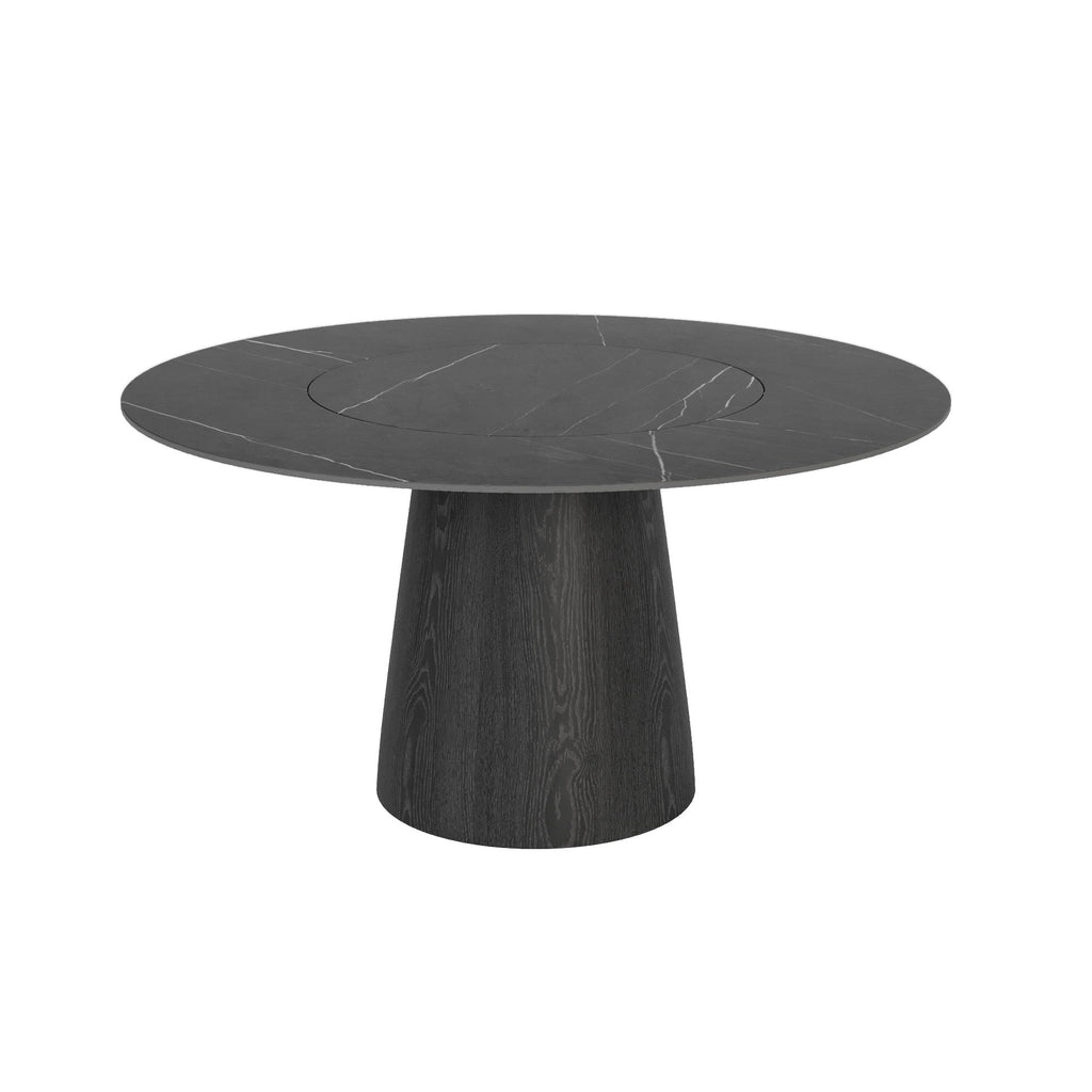 Calen Black Solid Wood Pedestal Dining Table with Madrid Gray Stone Top and Built-In Lazy Susan - image 1
