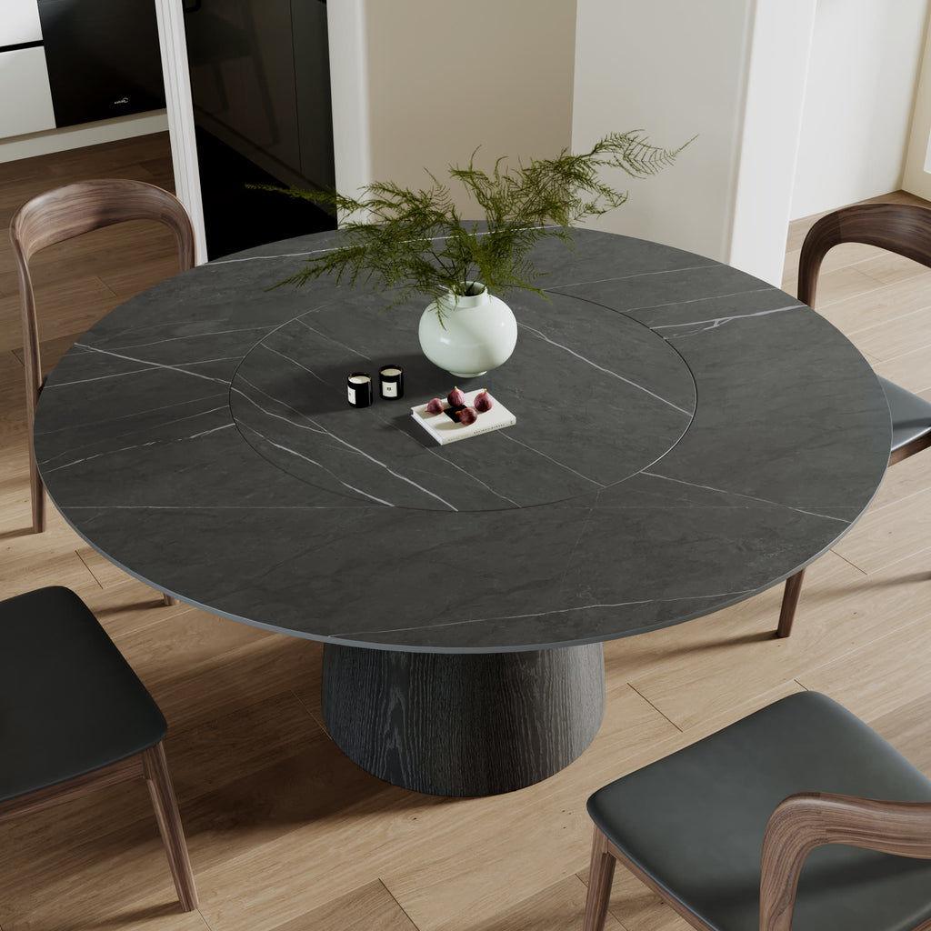 Calen Black Solid Wood Pedestal Dining Table with Madrid Gray Stone Top and Built-In Lazy Susan - image 4