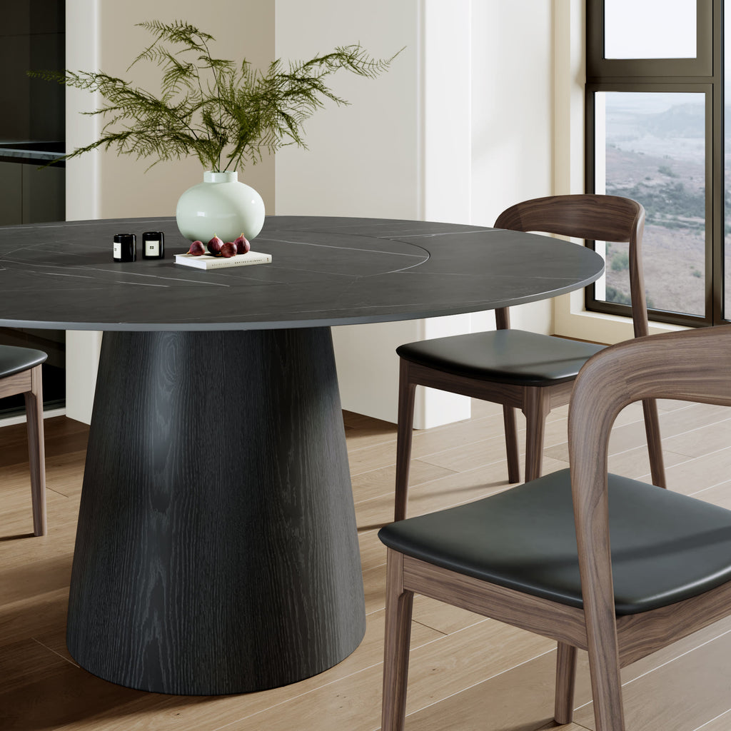 Calen Black Solid Wood Pedestal Dining Table with Madrid Gray Stone Top and Built-In Lazy Susan - image 3