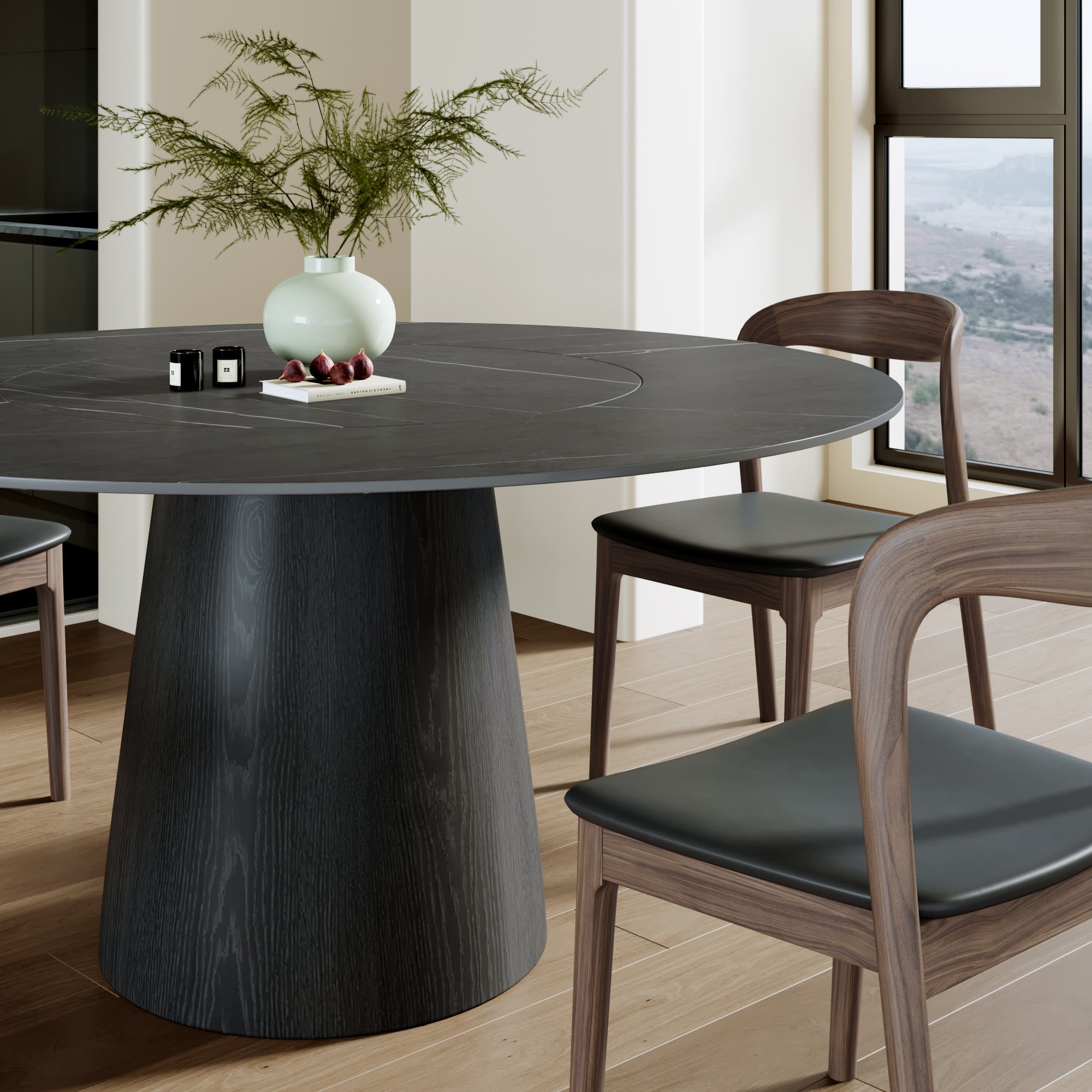 Calen Black Solid Wood Pedestal Dining Table with Madrid Gray Stone Top and Built-In Lazy Susan - image 3