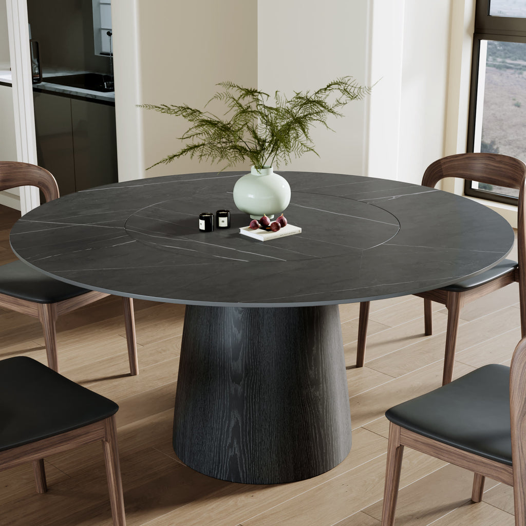 Calen Black Solid Wood Pedestal Dining Table with Madrid Gray Stone Top and Built-In Lazy Susan - 59.05'' W X 59.05'' D X 29.53'' H - image 0