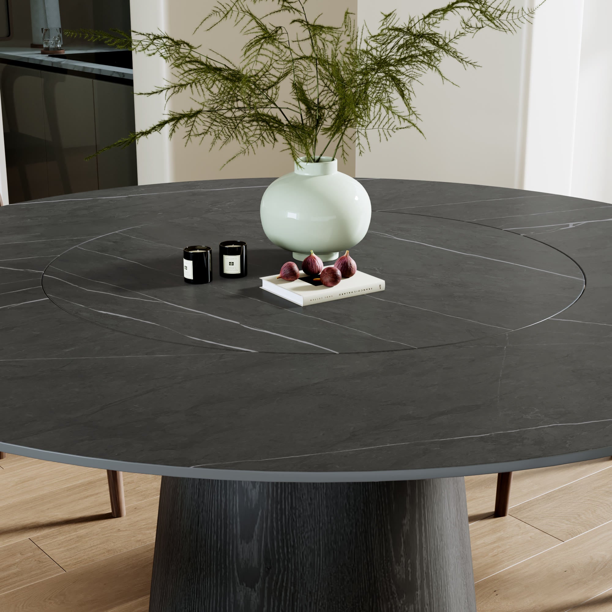 Calen Black Solid Wood Pedestal Dining Table with Madrid Gray Stone Top and Built-In Lazy Susan - image 2