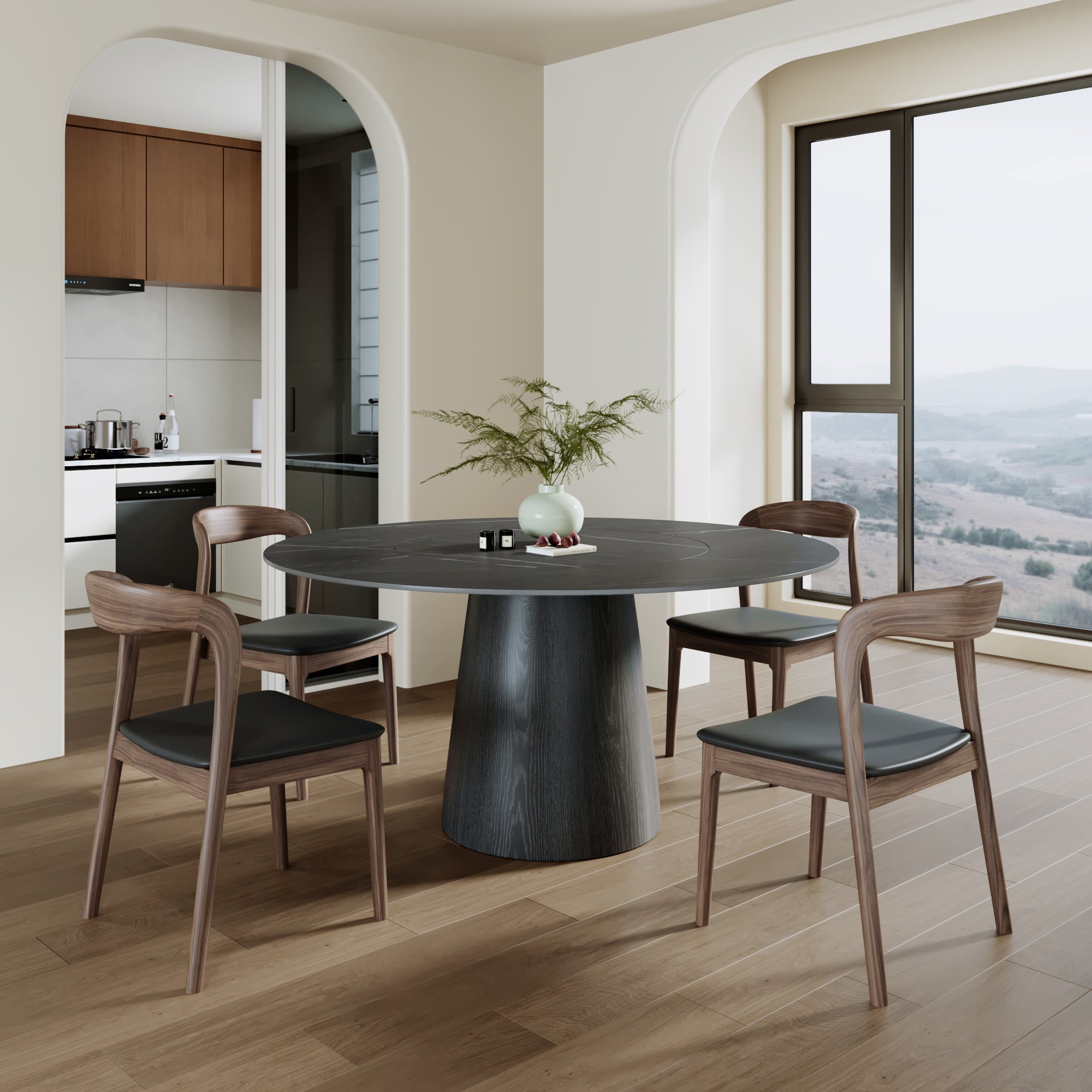 Calen Black Solid Wood Pedestal Dining Table with Madrid Gray Stone Top and Built-In Lazy Susan - image 5