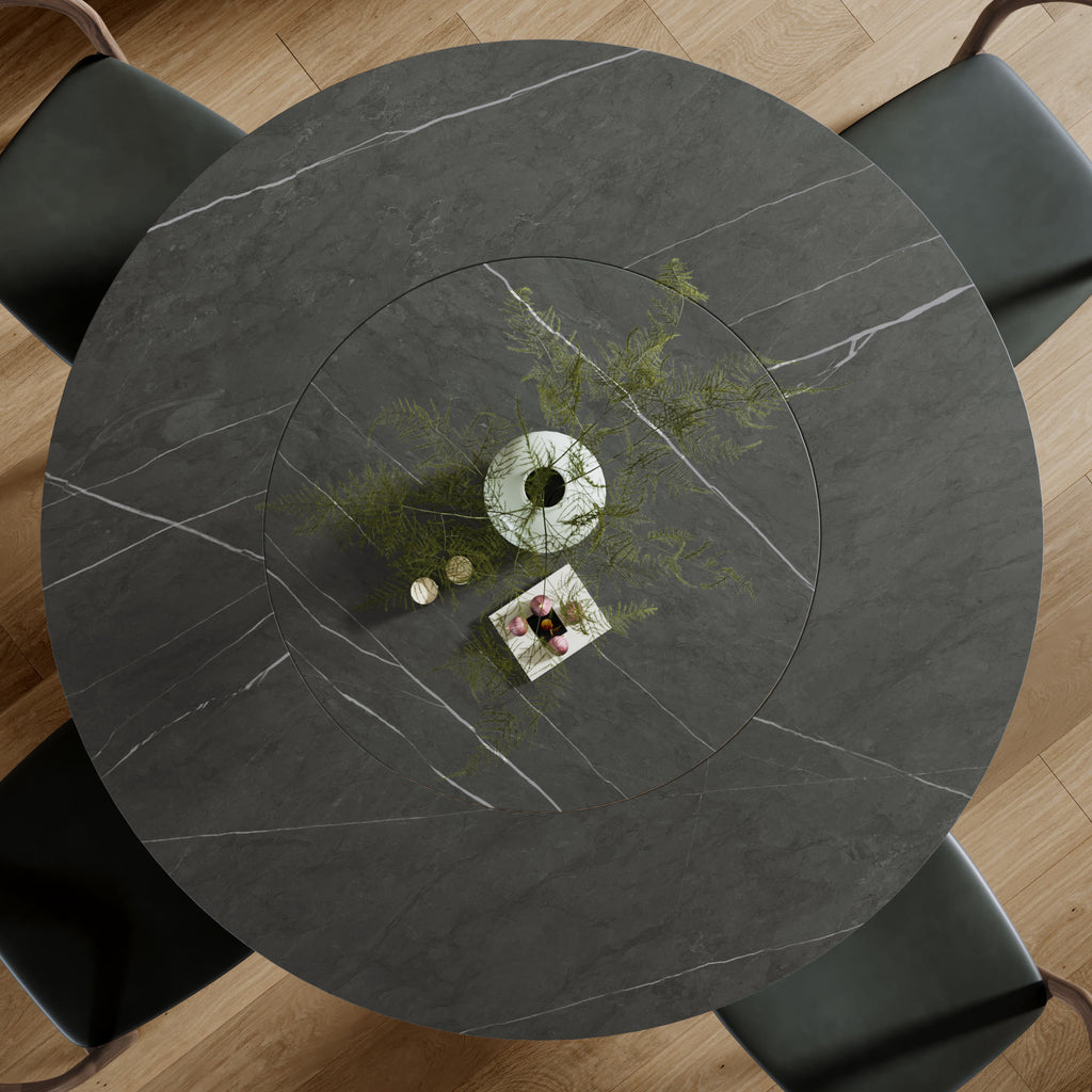 Calen Black Solid Wood Pedestal Dining Table with Madrid Gray Stone Top and Built-In Lazy Susan - image 8