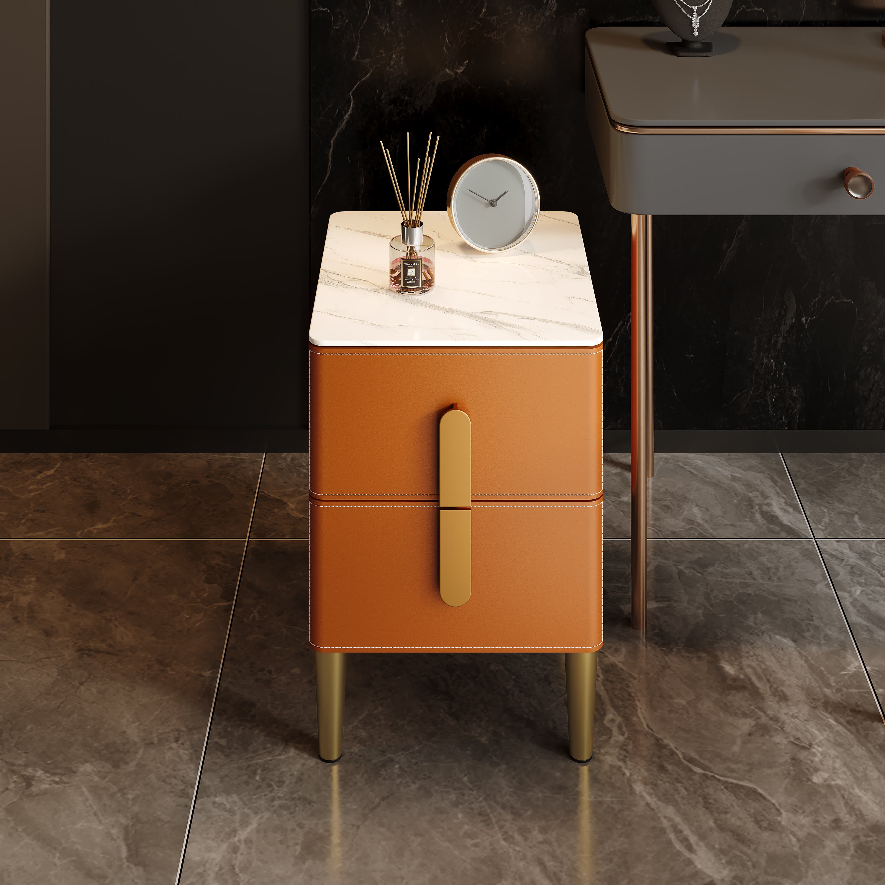 Leather-Wrapped Nightstand in Saddle Leather with stone top - image 8